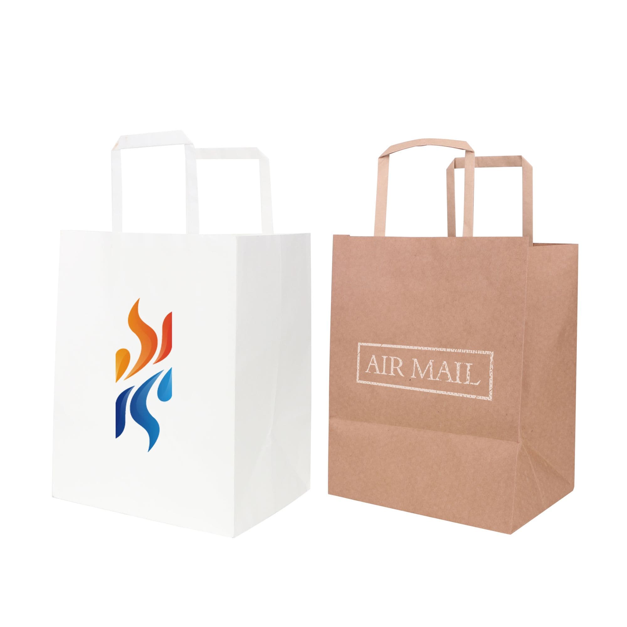 Two flat handle kraft paper bags, one in white with a logo, and one in brown with an 'AIR MAIL' design. Flat Handle Kraft Paper Bag(215x265x165mm) - Image 1
