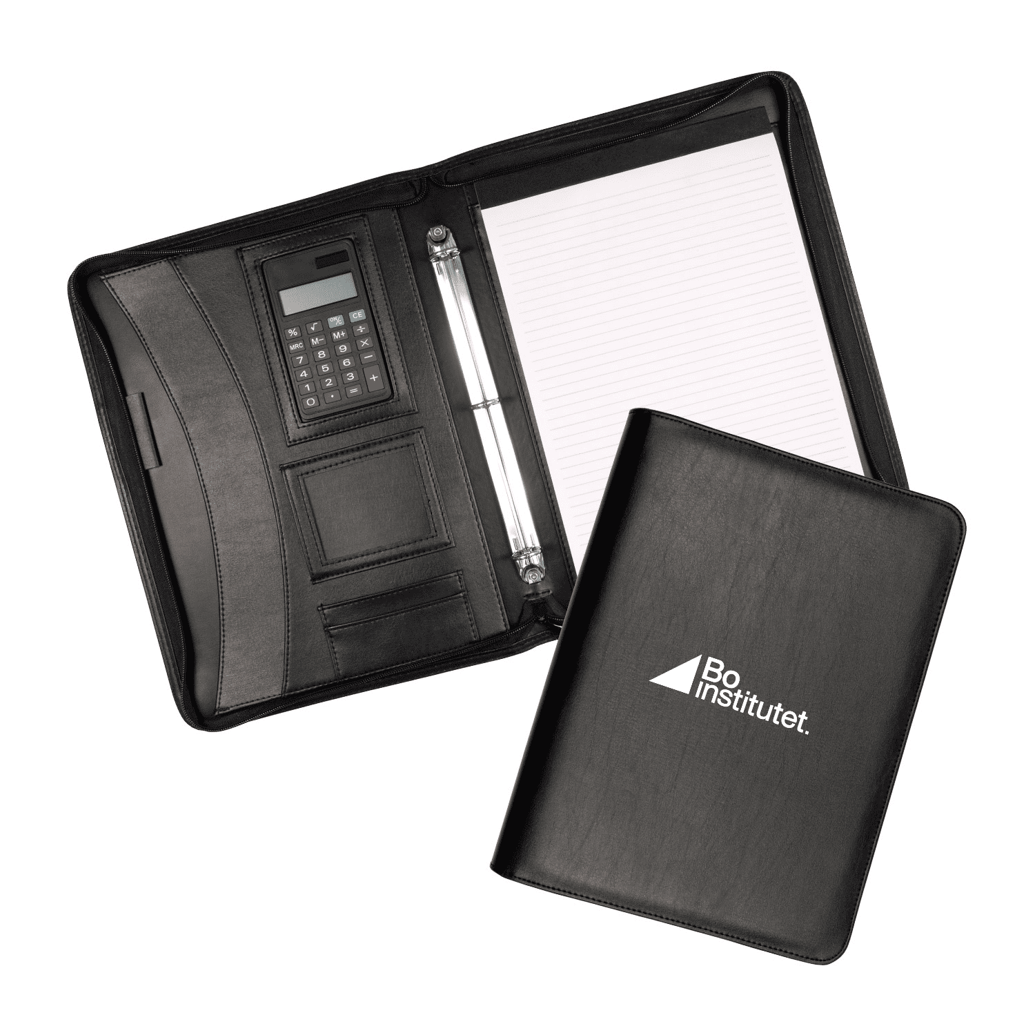 A black zippered compendium featuring a calculator, notepad, and multiple pockets. It also has a logo. Dallas Zippered 3 Ring Compendium - Image 1