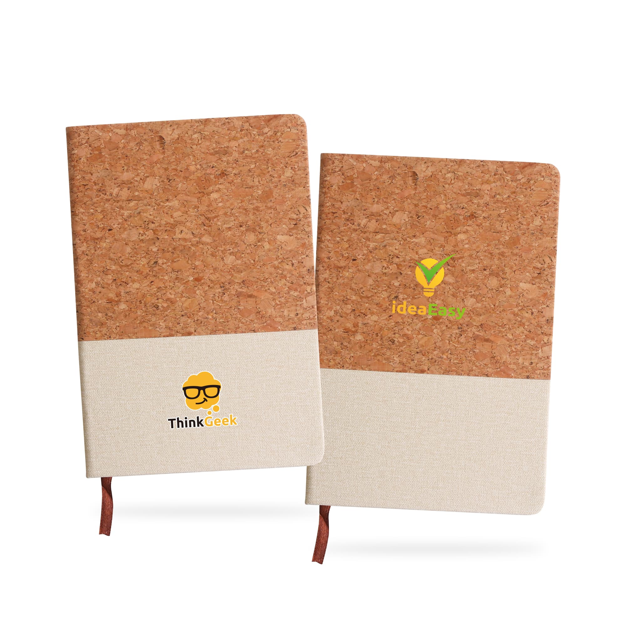 A pair of A5 notebooks featuring natural cork and cotton covers in beige and brown, with branding on the front. Natural Cork & Cotton A5 Notebook - Image 1