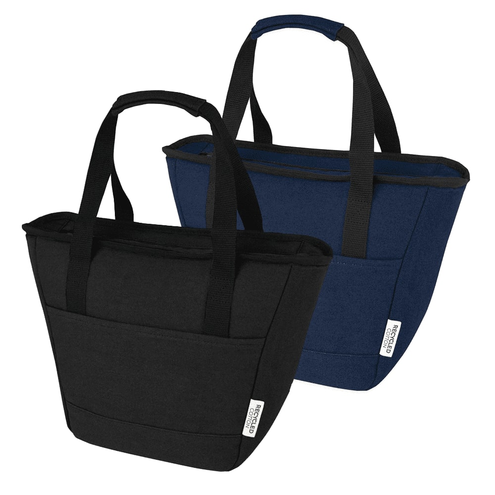 A drink bottle and cooler tote in black and navy blue, featuring two sturdy handles and a branding logo. Darani GRS Recycled Canvas Cooler Tote 14L - Image 1