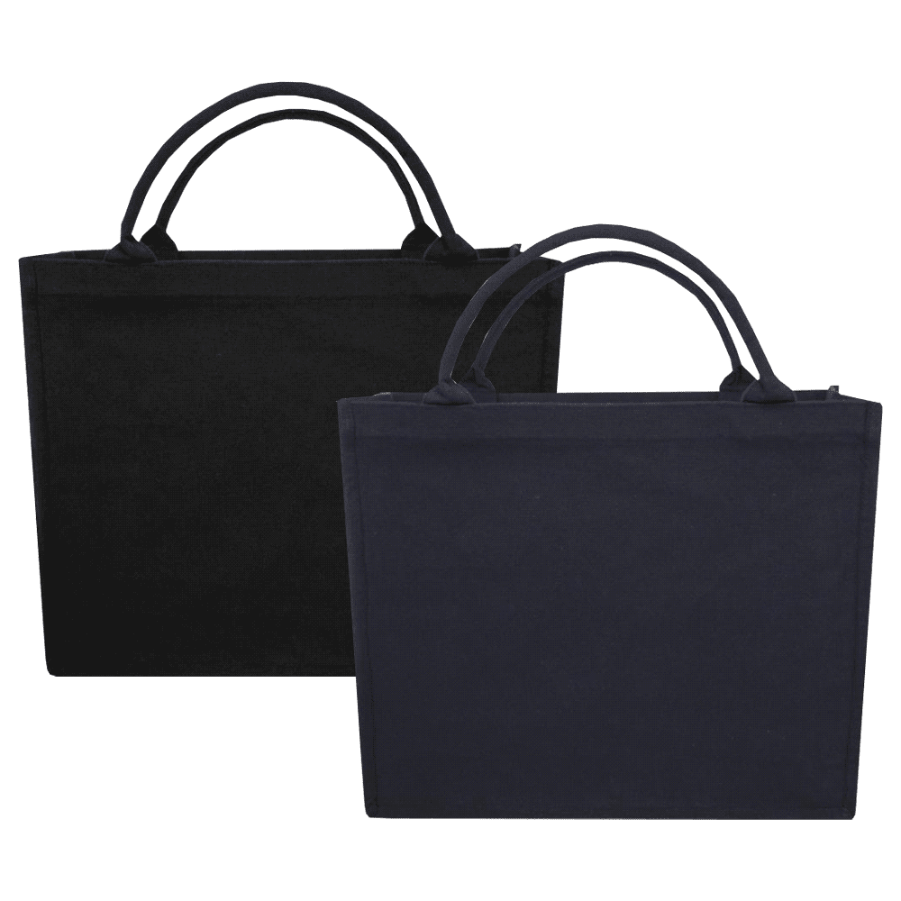A black and dark navy recycled tote bag with dual handles, featuring a subtle logo on one side. Darani Page Recycled Tote - Image 1