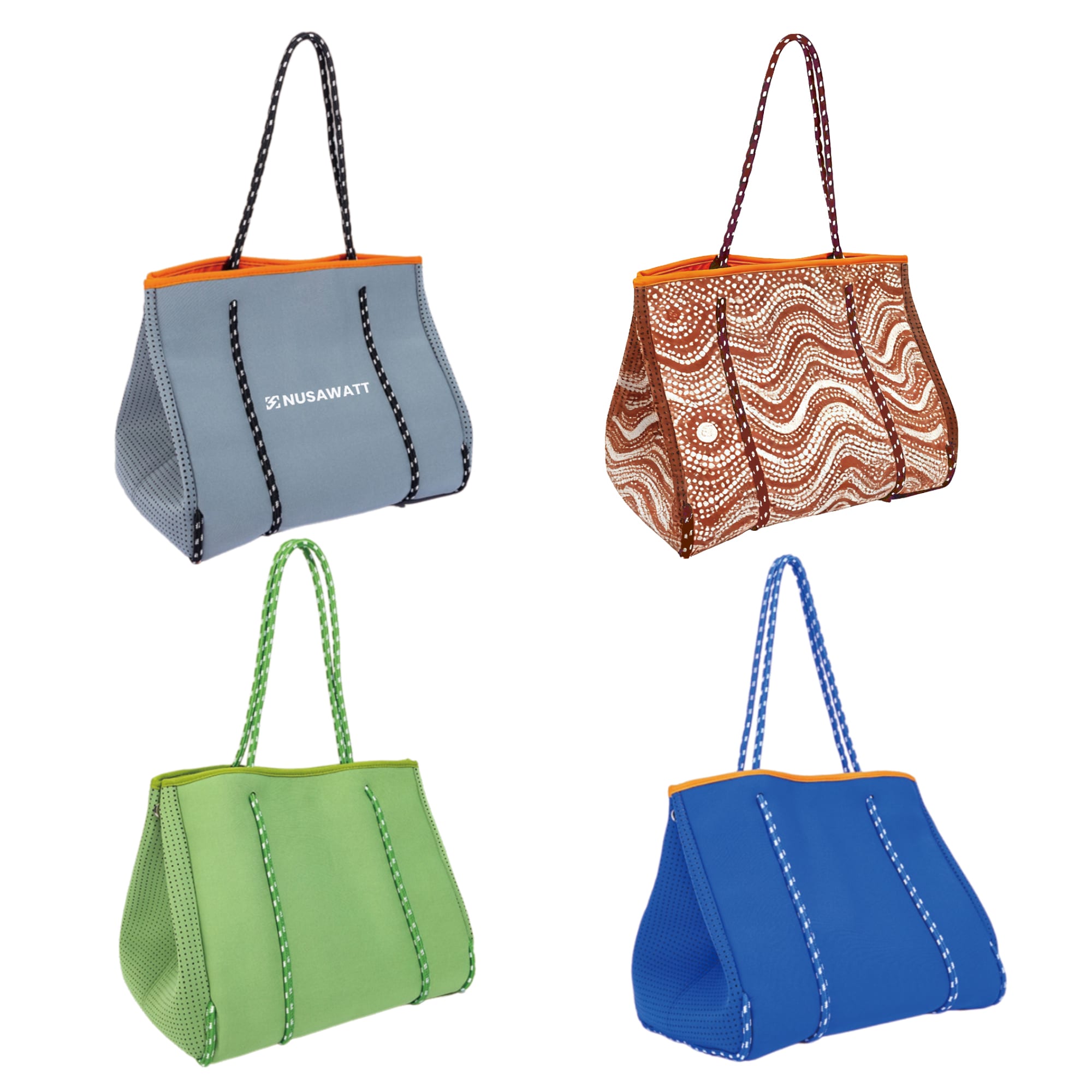 A collection of large neoprene beach tote bags in grey, green, blue, and patterned brown, featuring contrasting handles and a logo. Large Neoprene Beach Tote Bag - Image 1