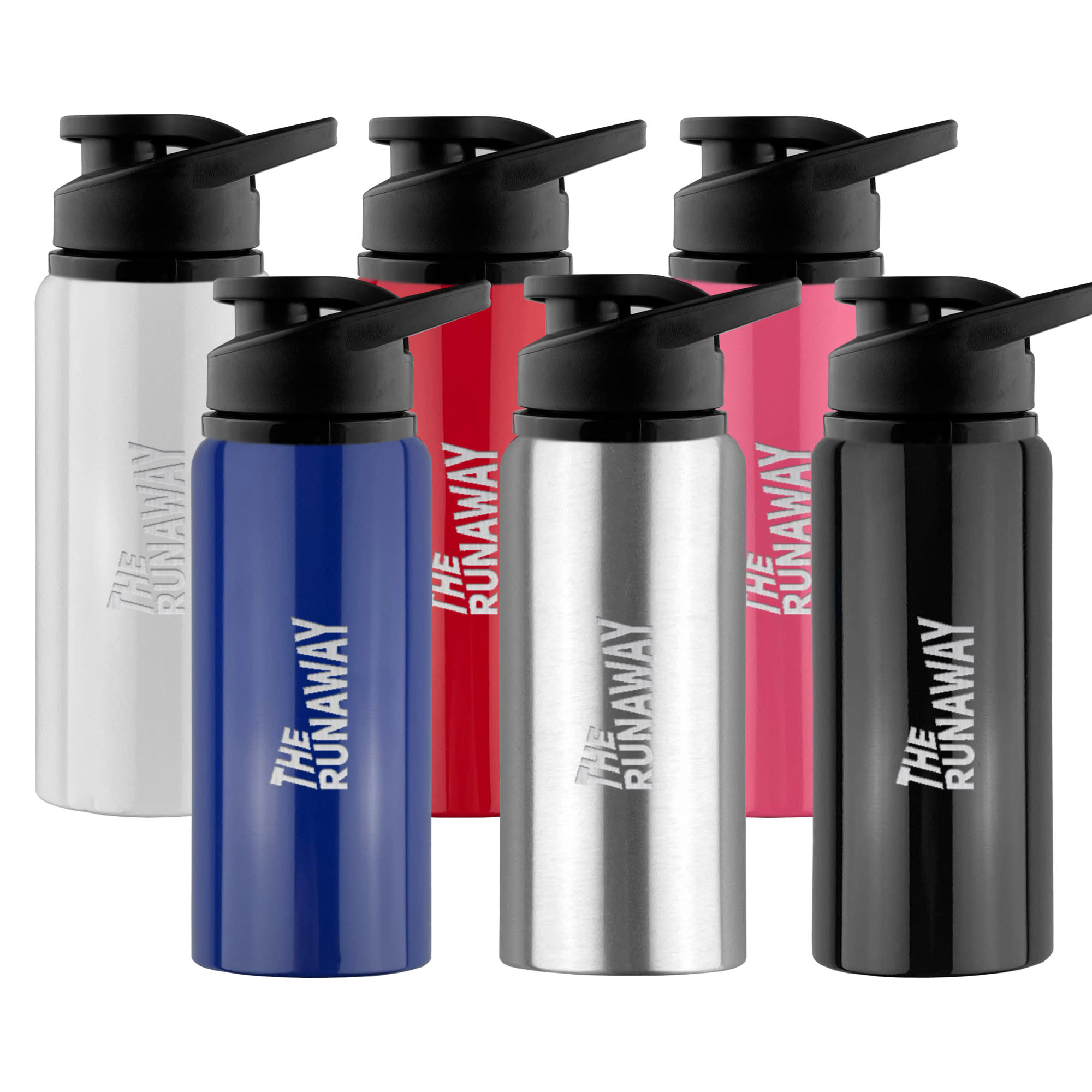 A drink bottle available in blue, silver, black, red, and pink, featuring a screw-on cap and a logo. Sydney Drink Bottle - Image 1