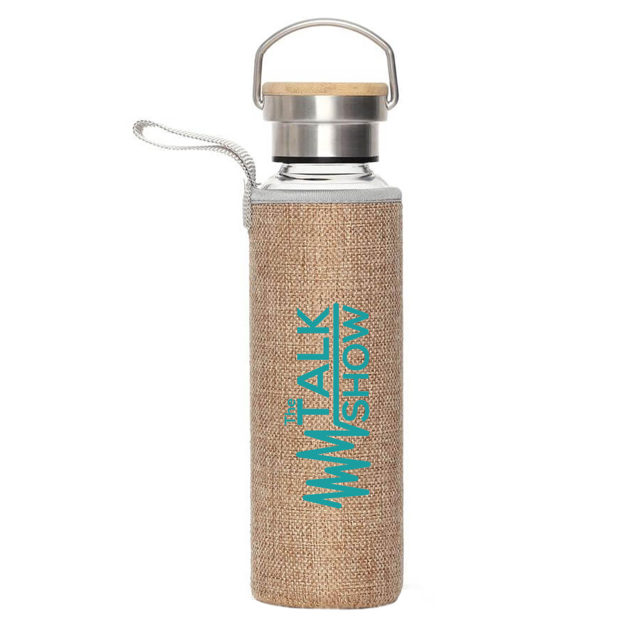 A drink bottle with a stainless steel top, natural bamboo lid, and a brown fabric sleeve. It features a logo. Bento Glass Drink Bottle - Image 1