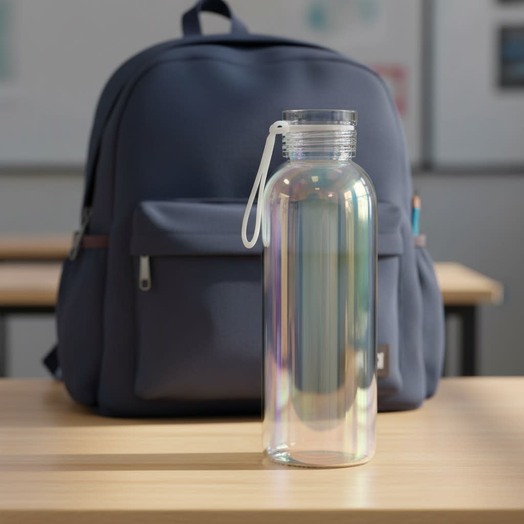 A drink bottle in iridescent glass with a white strap, placed on a table in a classroom setting. Eden Dazzle Glass Bottle - Image 1