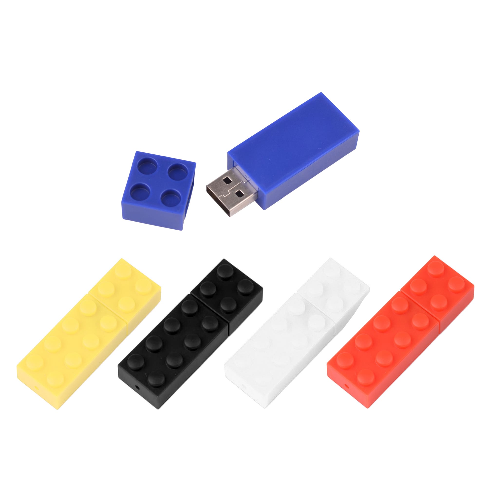A stackable brick flash drive in blue, yellow, red, black, and white. The design resembles toy building bricks and includes a logo. Stackable Brick Flash Drive - Image 1