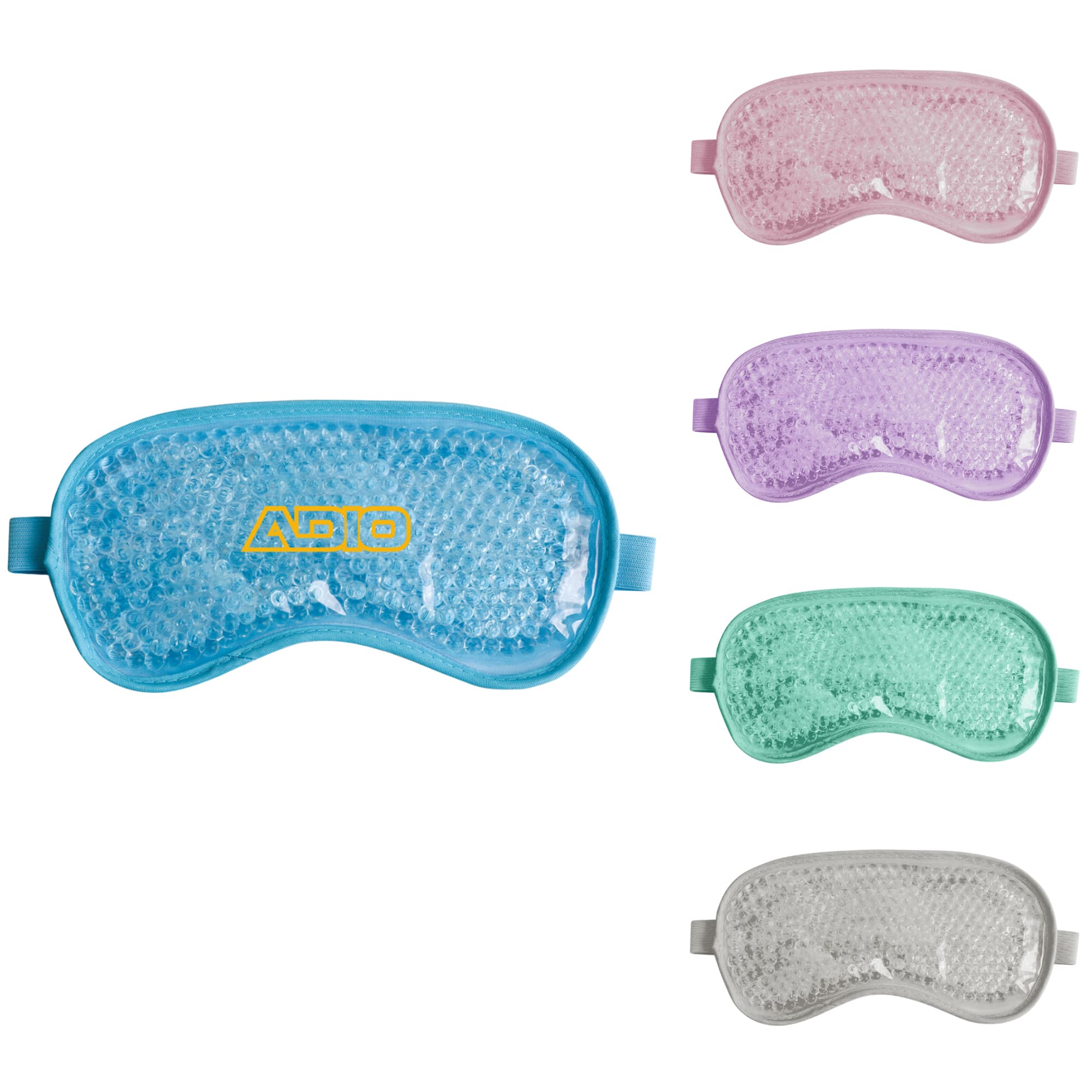 A gel cold/hot eye mask in turquoise, lavender, green, and clear, featuring a logo on the turquoise version. Gel Cold/Hot Eye Mask - Image 1