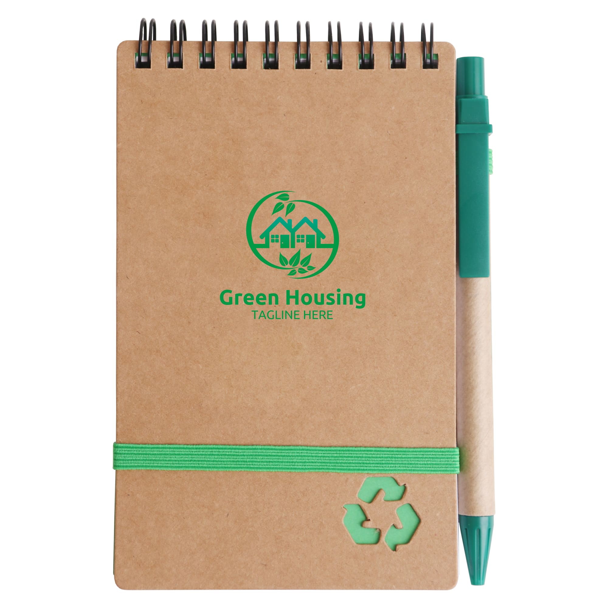 A brown spiral notebook with a green pen attached, featuring a logo and a green elastic band. Spiral Notebook with Ballpoint Pen - Image 1