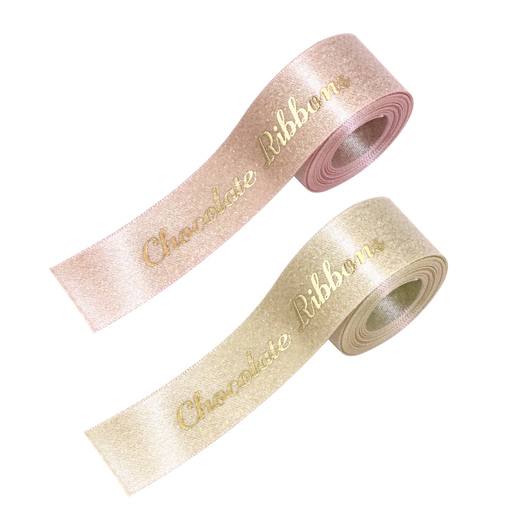 Two rolls of satin ribbon in pale pink and light gold, both with the text "Chocolate Ribbon" in gold lettering. 16mm Glitter Gold Purl Satin Ribbon - Image 1
