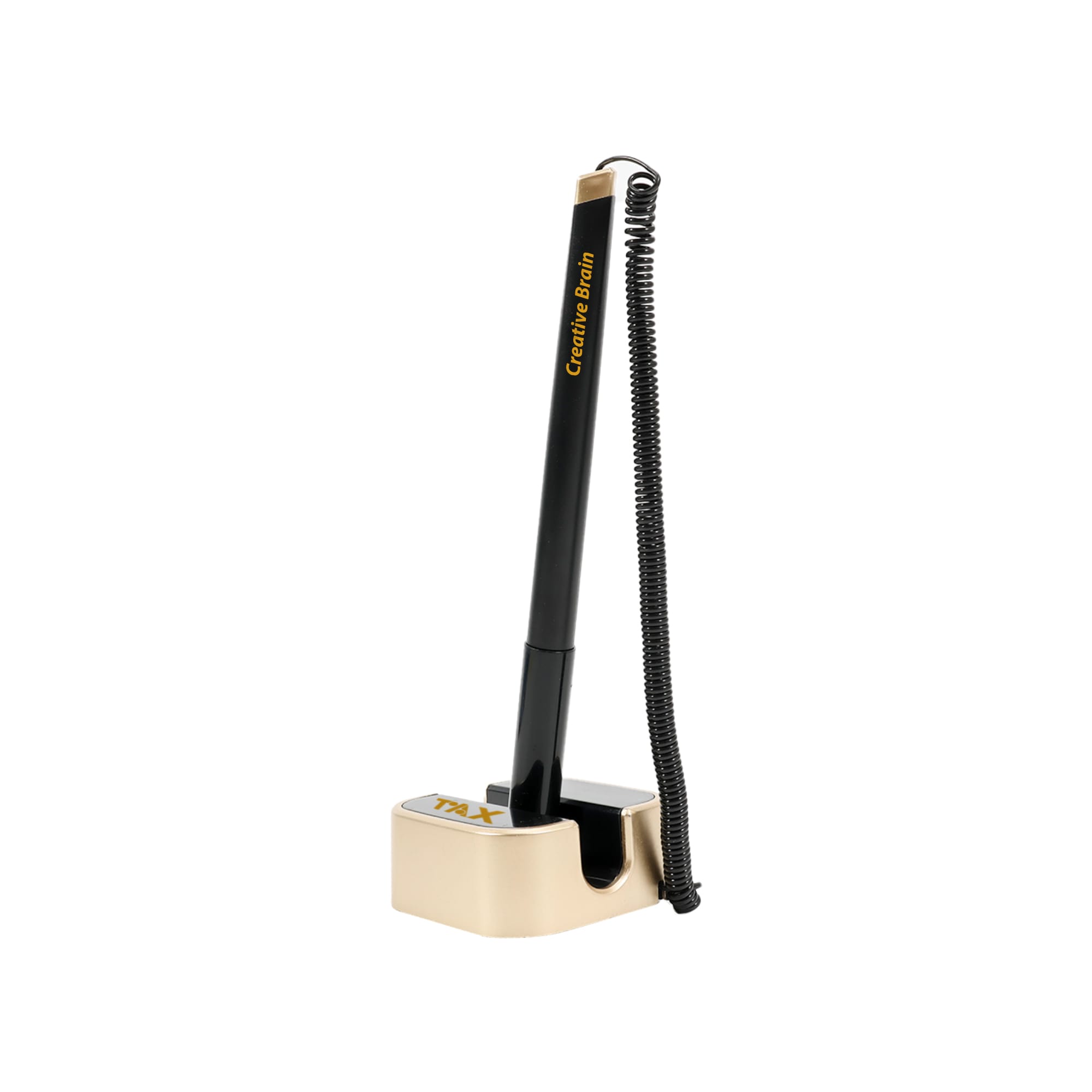 A black signature pen with a coiled cord, attached to a tan holder. The holder features a logo. Counter Fixed Signature Pen E - Image 1