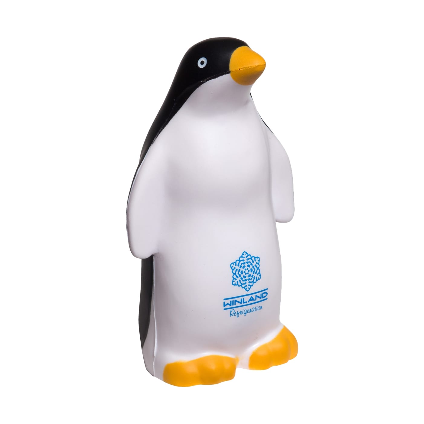 A penguin-shaped stress reliever in black, white, and yellow, with a logo on its front. Penguin with Magnet Shape Stress Reliever - Image 1