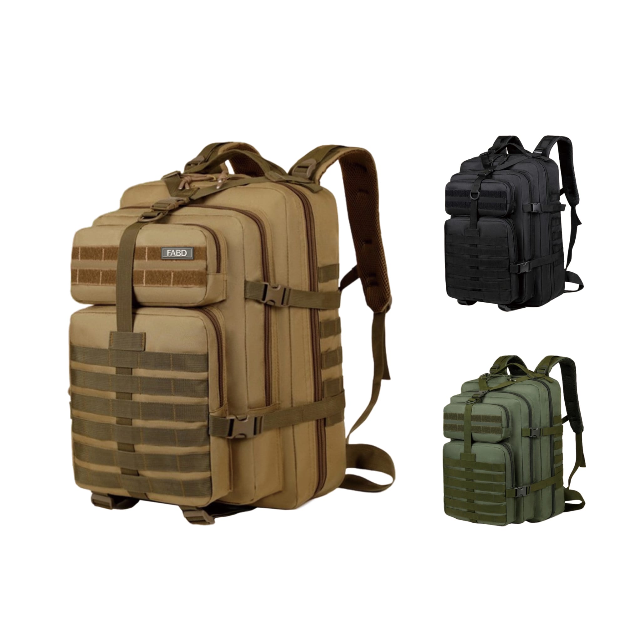 A tactical backpack in tan, black, and green, featuring multiple compartments and straps, with a logo on the front. Tactical Backpack - Image 1