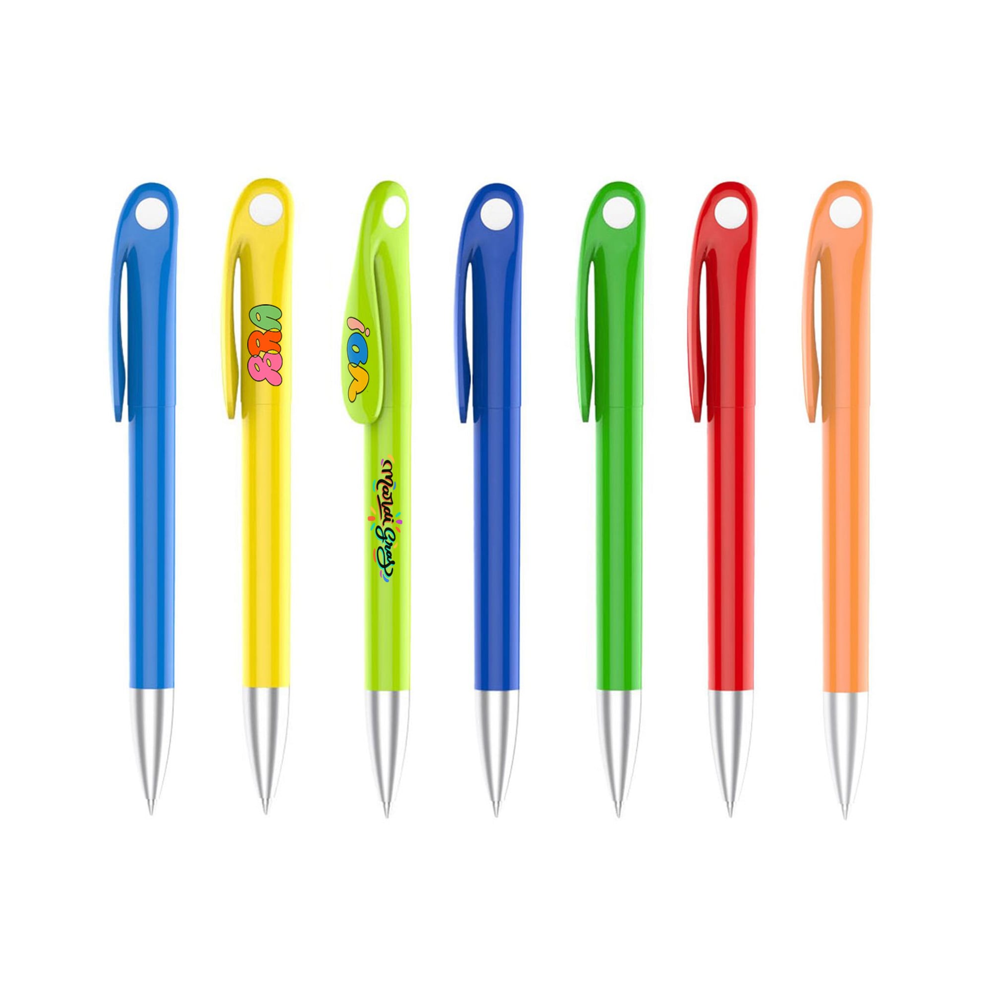 Coloured plastic pens in blue, yellow, green, red, and orange, featuring different designs and a small logo. Nuit Pen - Colour Barrel - Image 1