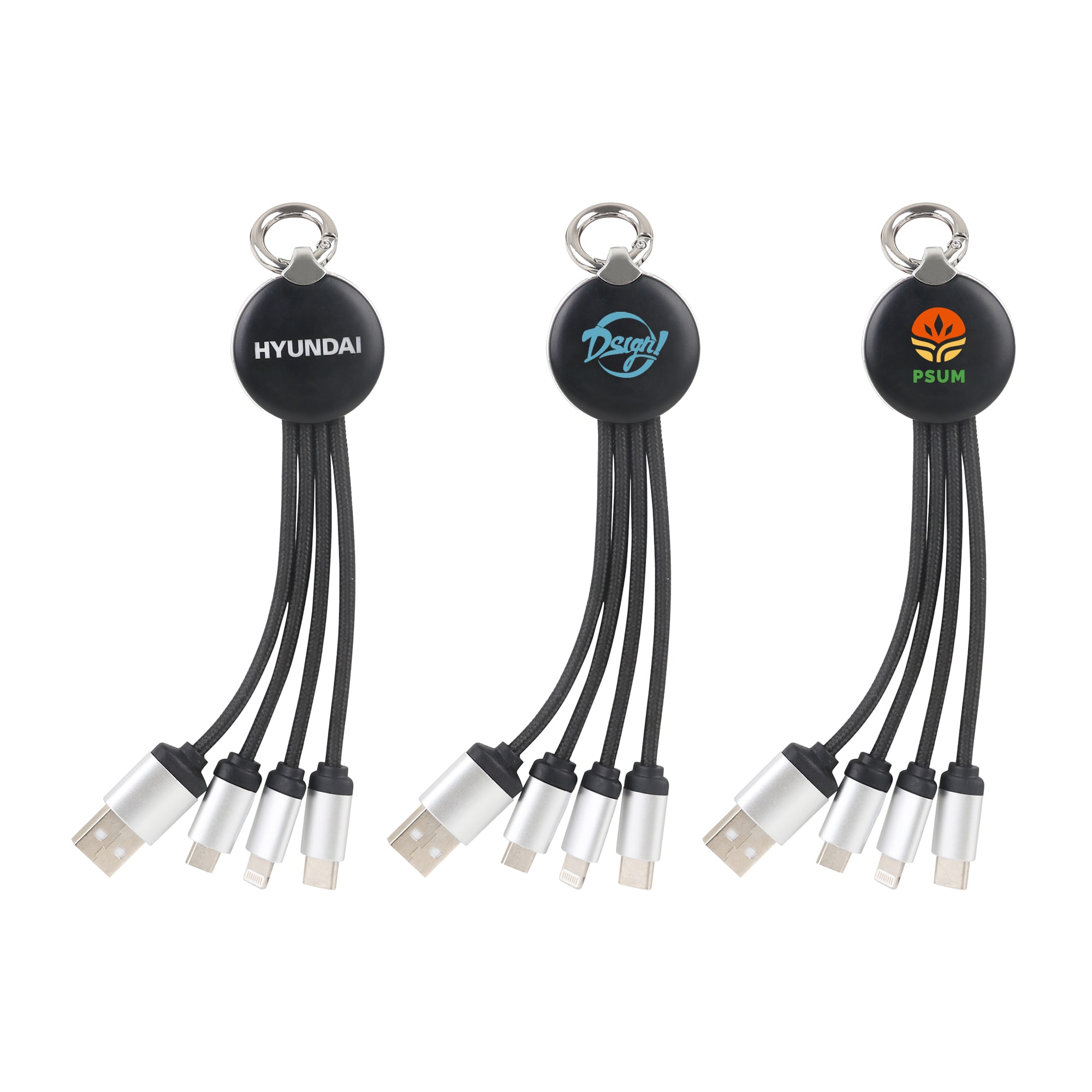A round light-up charging cable in black with multiple connectors and a logo on one side, featuring three variations. Round Shaped Light Up Charging Cable - Image 1