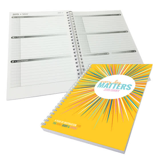 A5 diary with a bright yellow printed cover, featuring a spiral binding and week-to-view layout. A5 Diary with printed cover (54 leaves) Week to View - Image 1