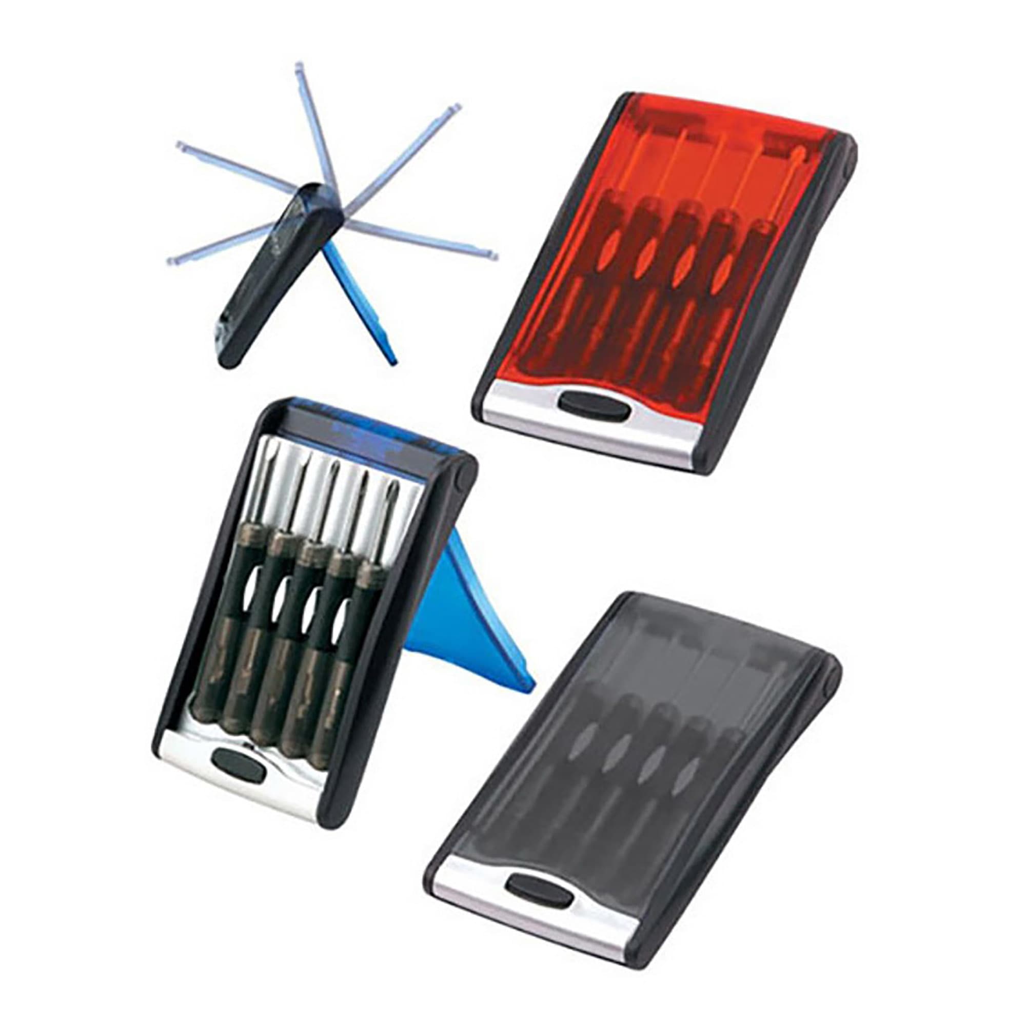 A tool set featuring black and coloured cases, with multiple screwdrivers and a storage holder. Includes a logo. Tool Set - Image 1
