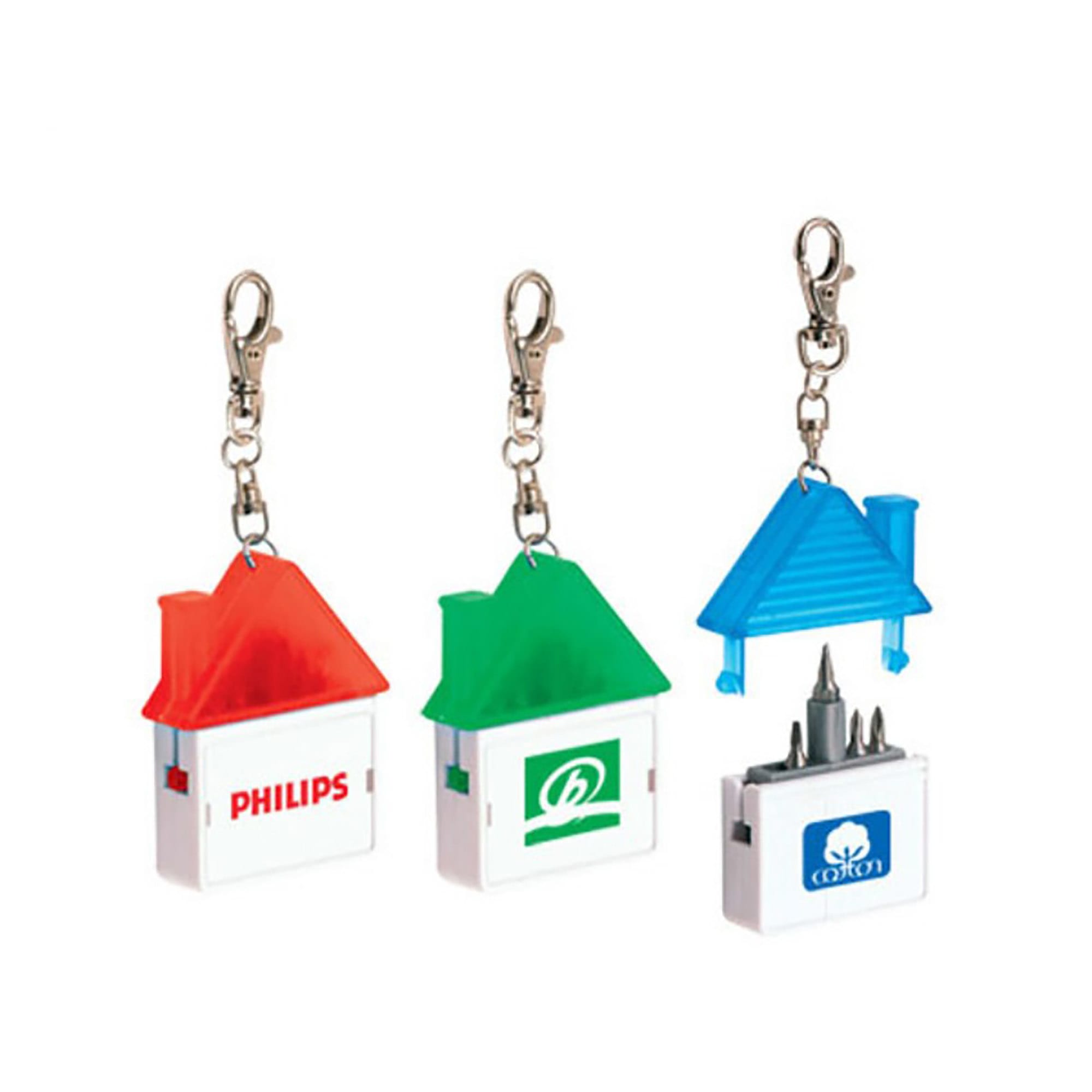 A house-shaped tool set in red, green, and blue with keychain clips, featuring a logo on each item. House Shape Tool Set - Image 1