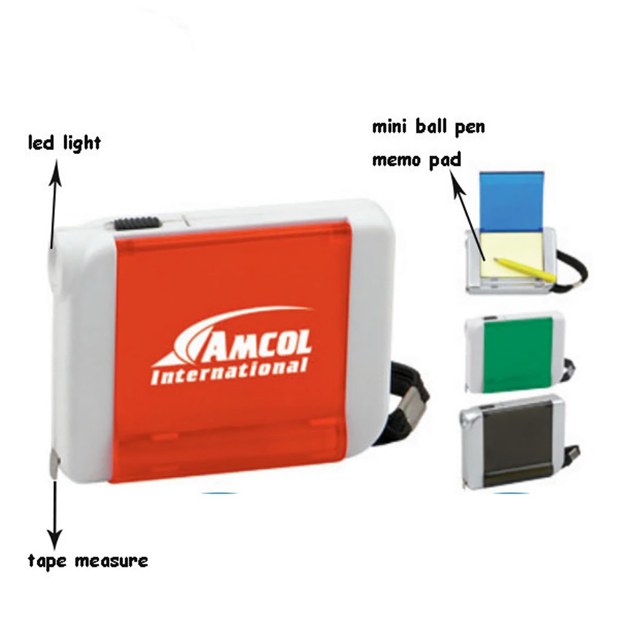A tape measure with a red and white casing, featuring a mini ball pen and memo pad. It includes a logo and LED light. Tape Measure with Pen and Memo Pad - Image 1