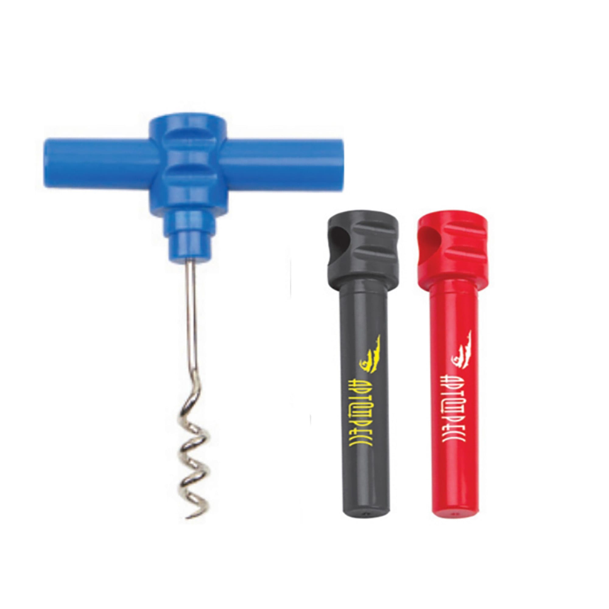 A drink bottle opener set featuring a blue corkscrew and two coloured handles in black and red, each with a logo. Red Wine Bottle Opener - Image 1