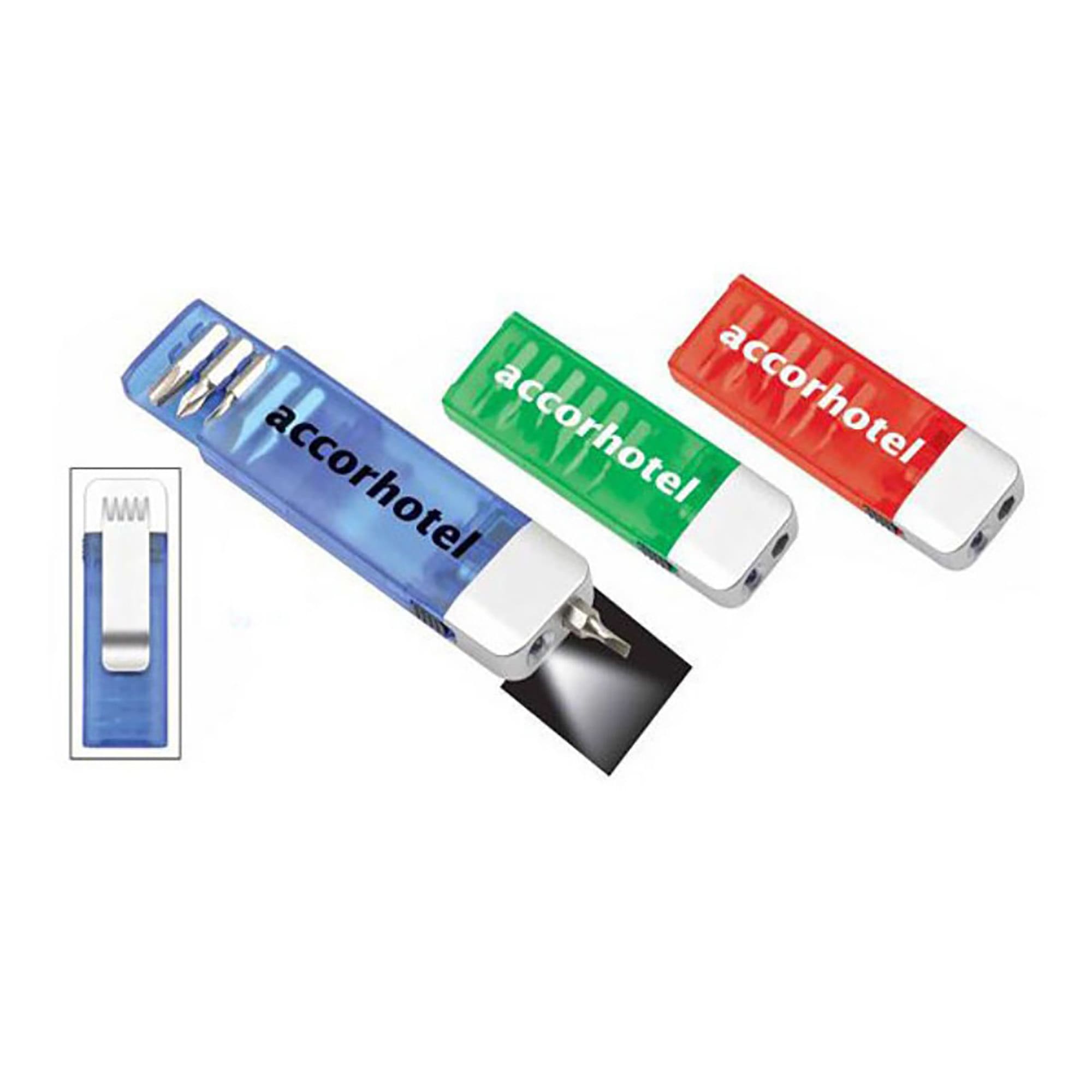 A tool set with light featuring three coloured tools: blue, green, and red, packaged with a clip. It includes a logo. Tool Set with Light - Image 1