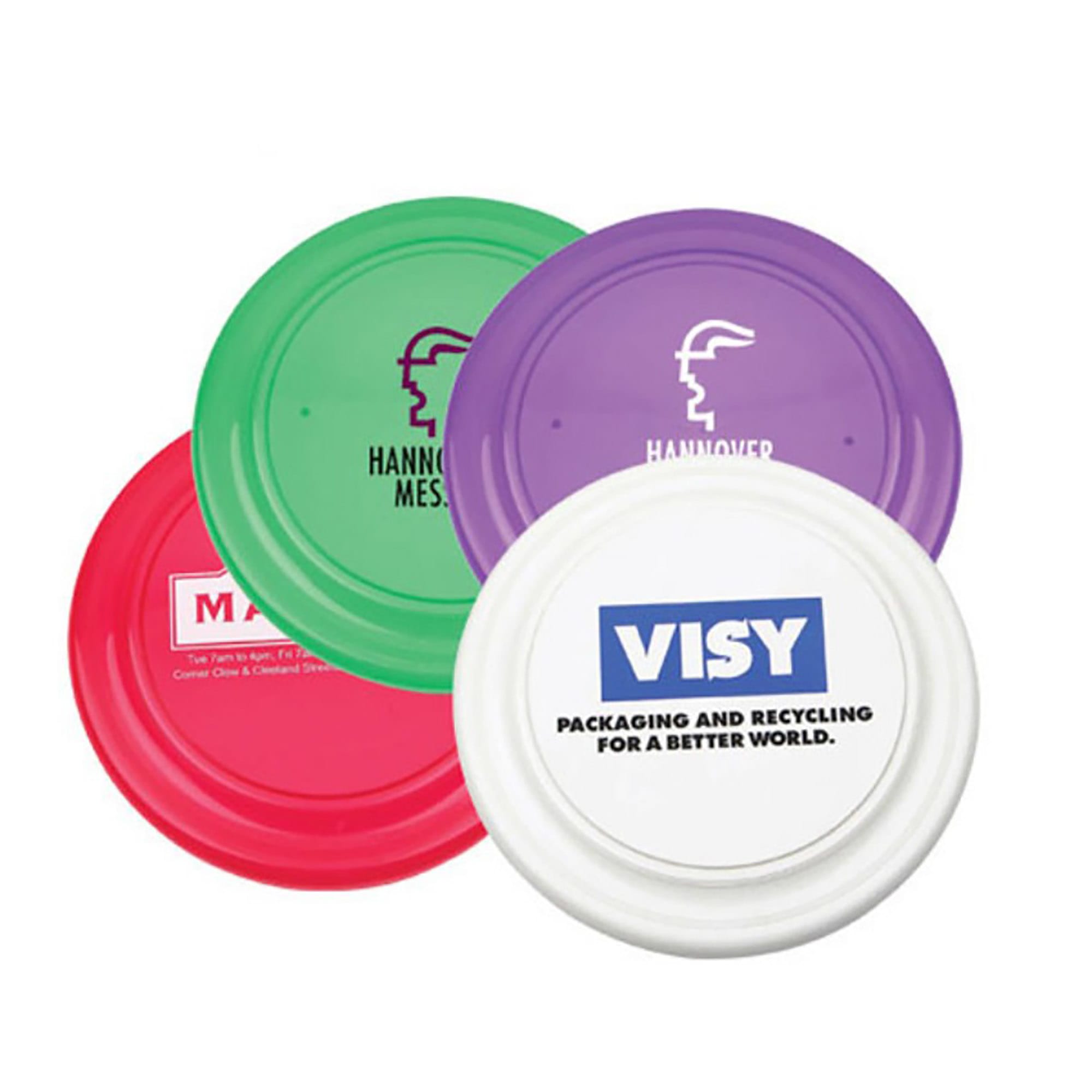 A set of four flying discs in red, green, purple, and white, featuring various logos. Flying Disc - Image 1