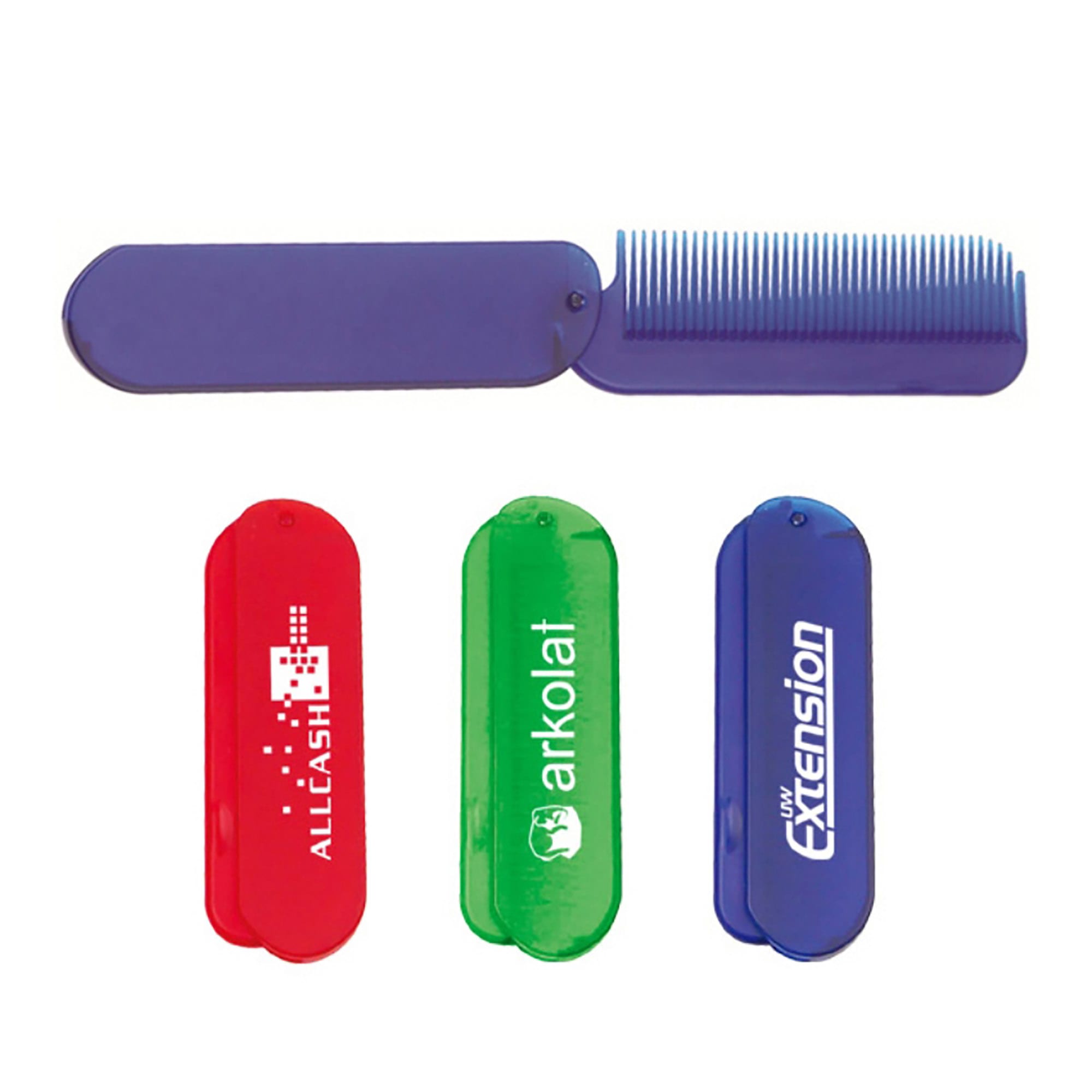 A purple comb with a folding design, accompanied by red and green plastic cases featuring various logos. Comb - Image 1