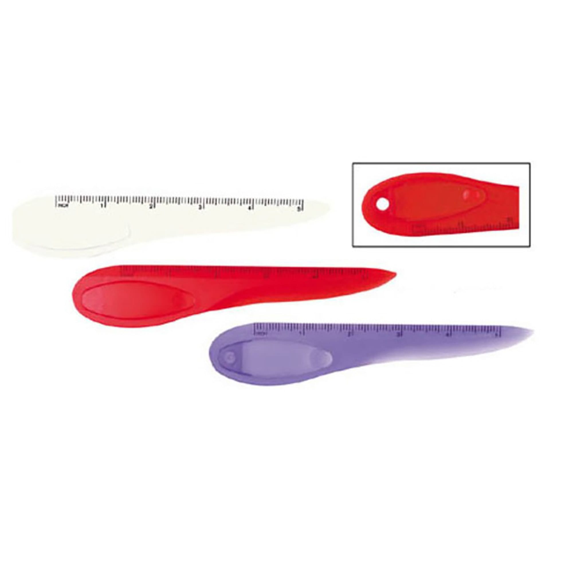 A set of three rulers with bookmarks in red, purple, and transparent colours, featuring measurement markings and a branding logo. Ruler with Bookmark - Image 1