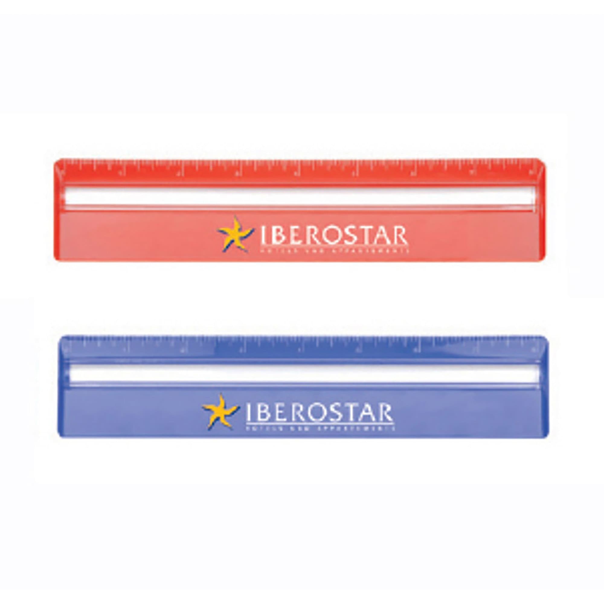 A 20cm ruler set featuring a red and a blue ruler with a magnifying strip, both with a logo. 20cm Ruler with Colour and Magnifying - Image 1