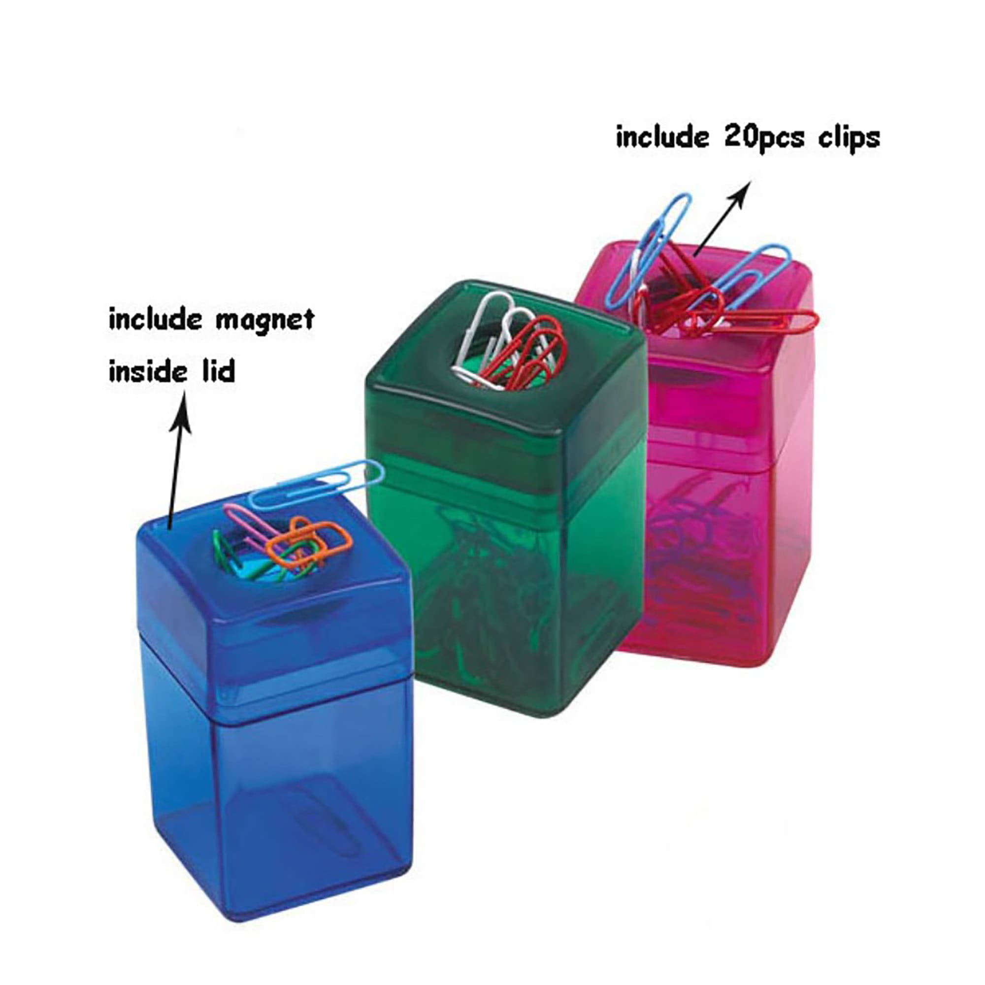 A set of three transparent clip dispensers in green, blue, and pink, each containing paper clips and a magnet inside. Clip Dispenser - Image 1