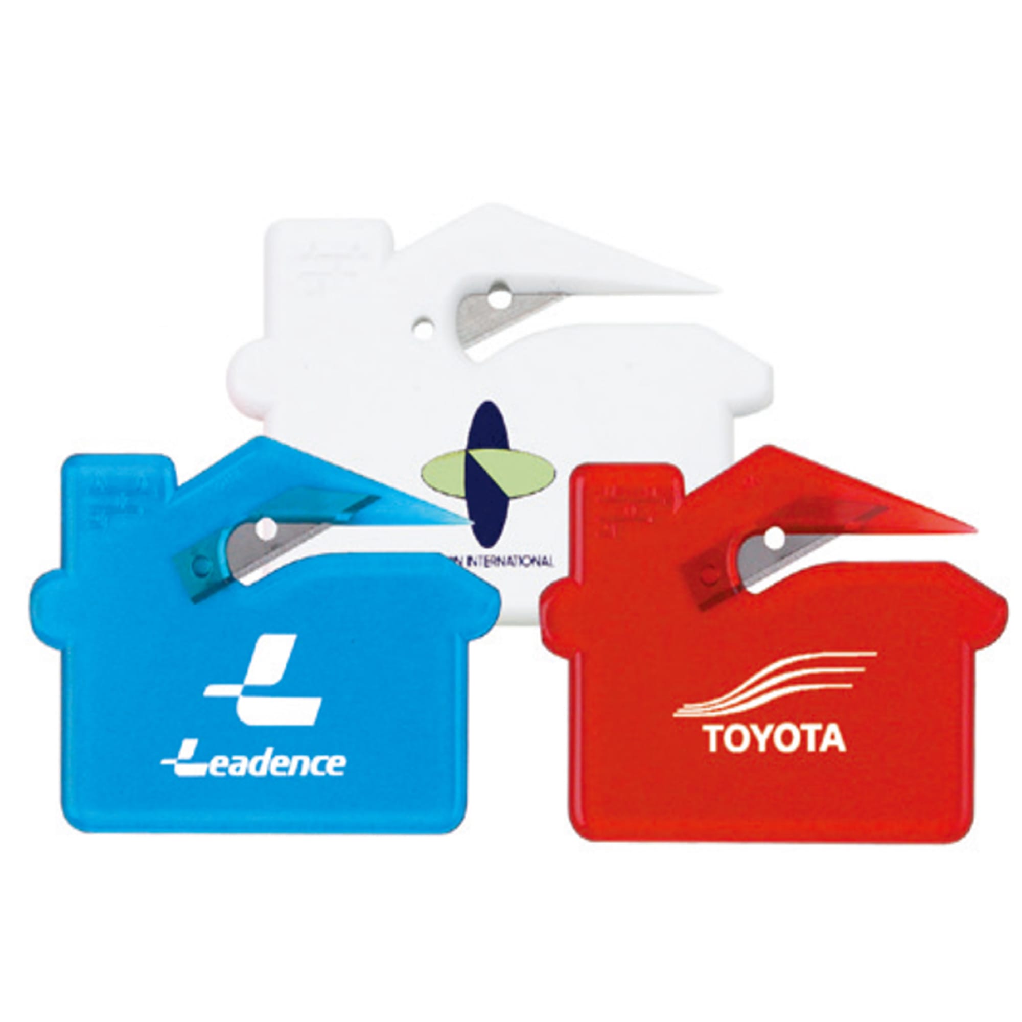 A set of three letter openers in blue, red, and white, each featuring a logo. Letter Opener - Image 1