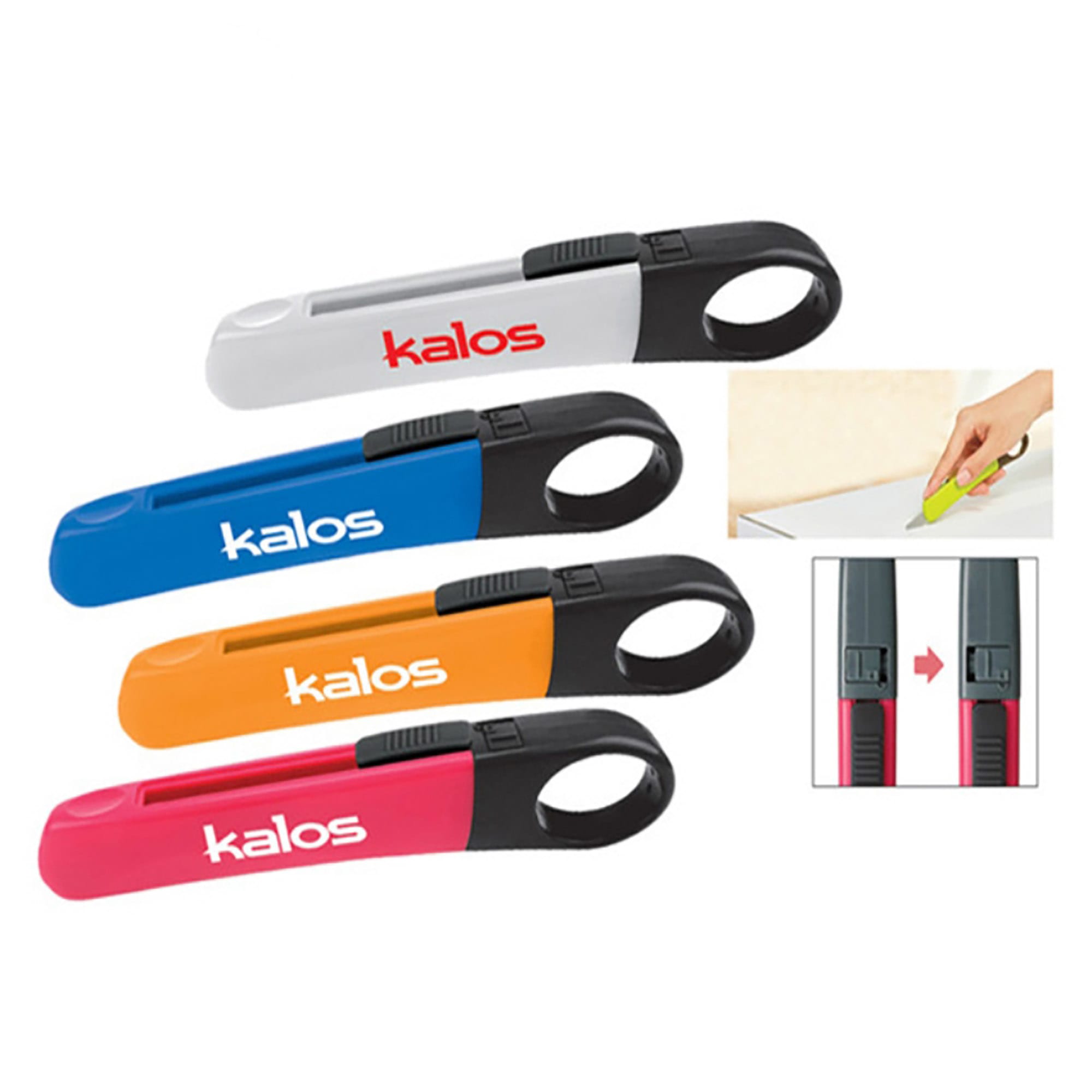 A set of letter openers in white, blue, orange, and pink, featuring a black handle and a logo. Letter Opener - Image 1