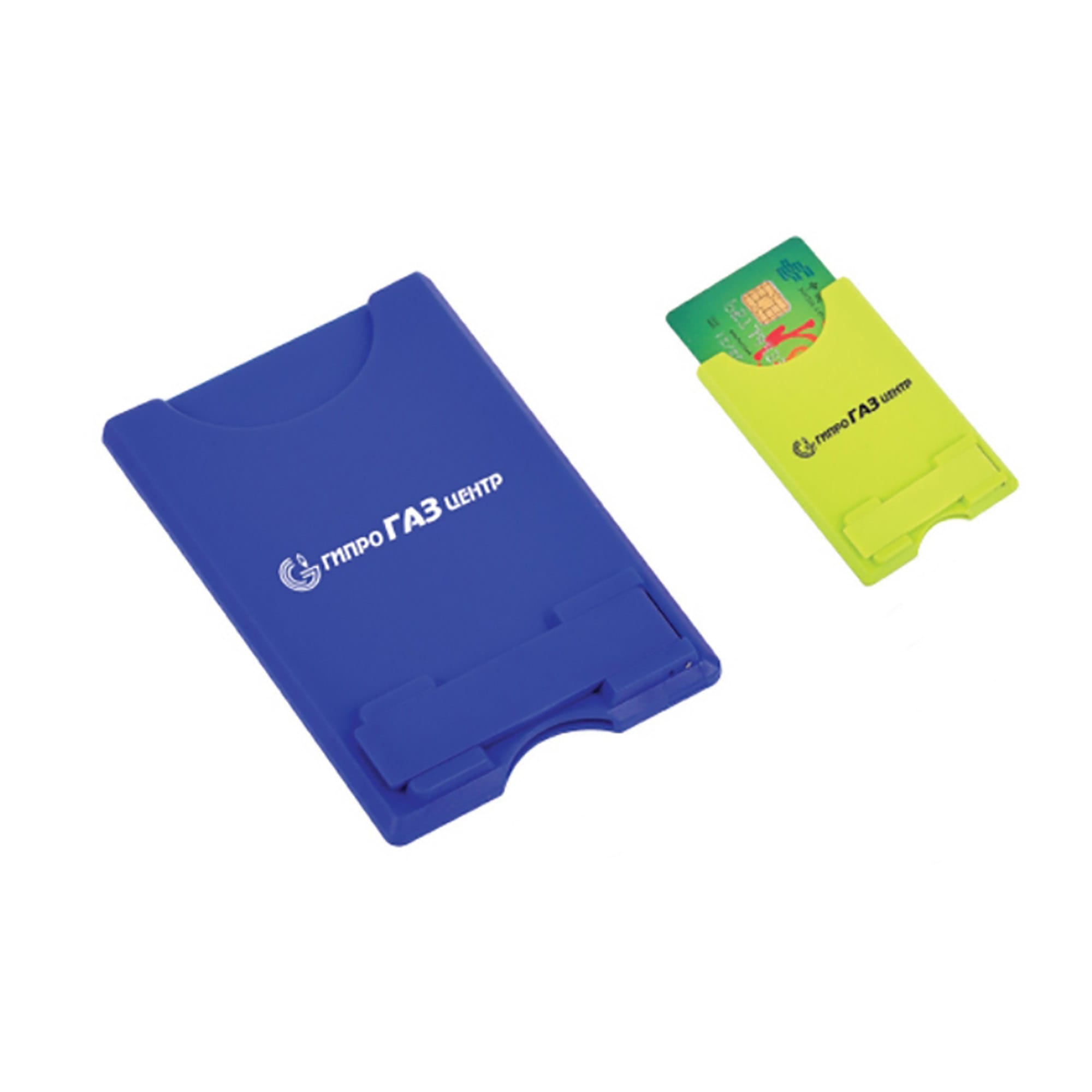 A blue mobile stand and card holder, accompanied by a green card holder, both featuring a logo. Mobile Stand And Card Holder - Image 1