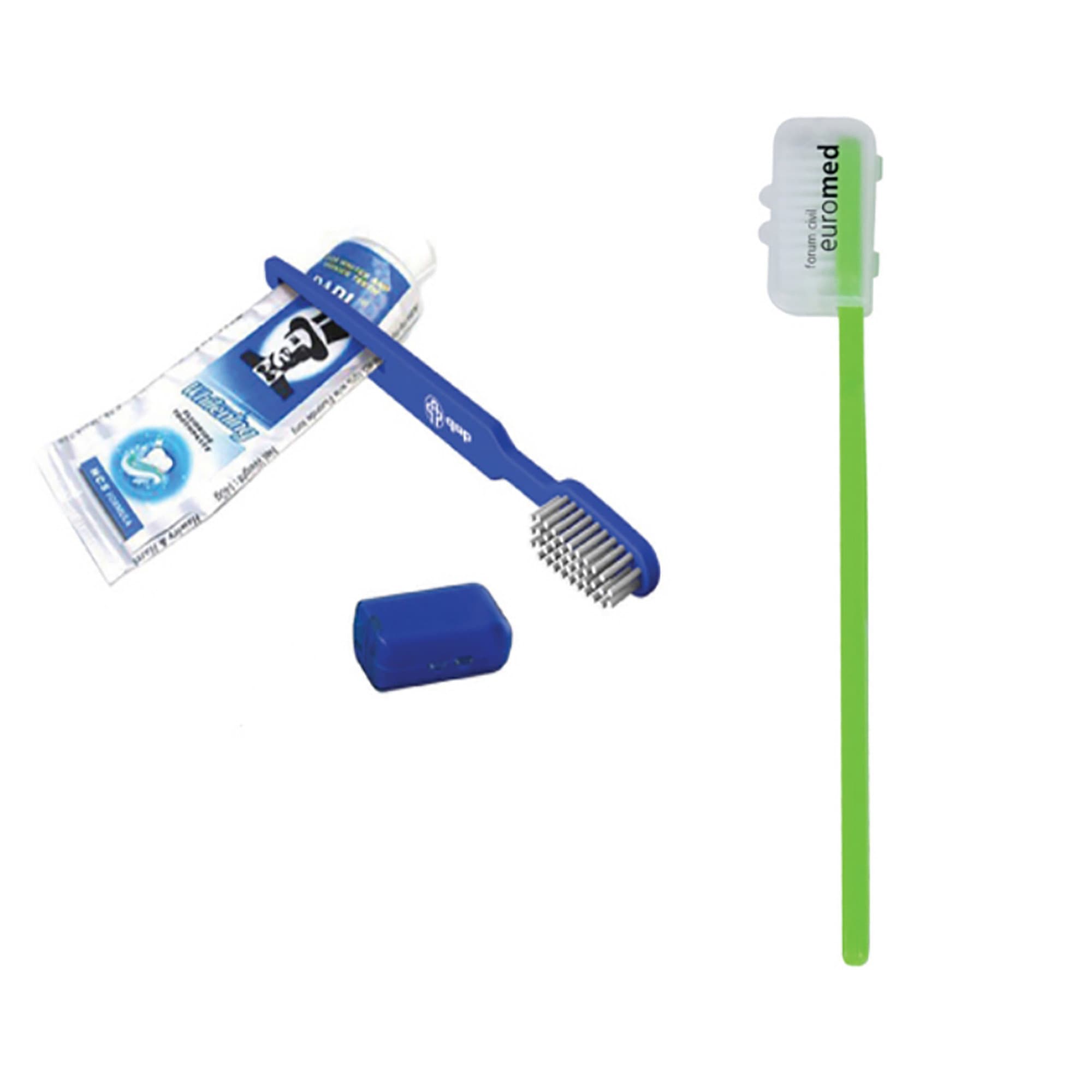 A blue toothbrush with bristles and a tongue scraper, paired with a tube of toothpaste and a green travel case. Tooth Brush - Image 1