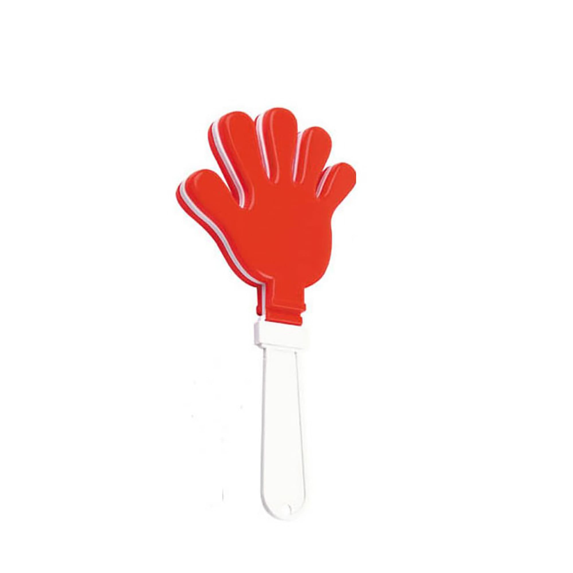 A red hand-shaped clapper with a white handle, suitable for novelty fun and games. Hand Clapper - Image 1