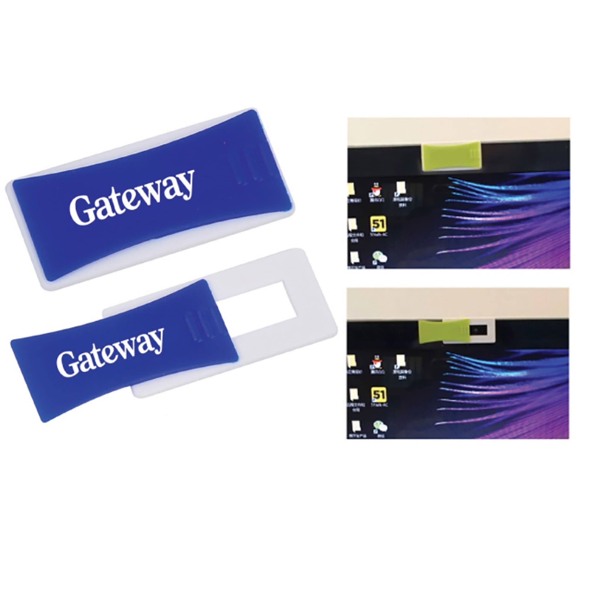 A blue and white webcam cover with a logo, designed for securing webcams on devices. Webcam Cover - Image 1