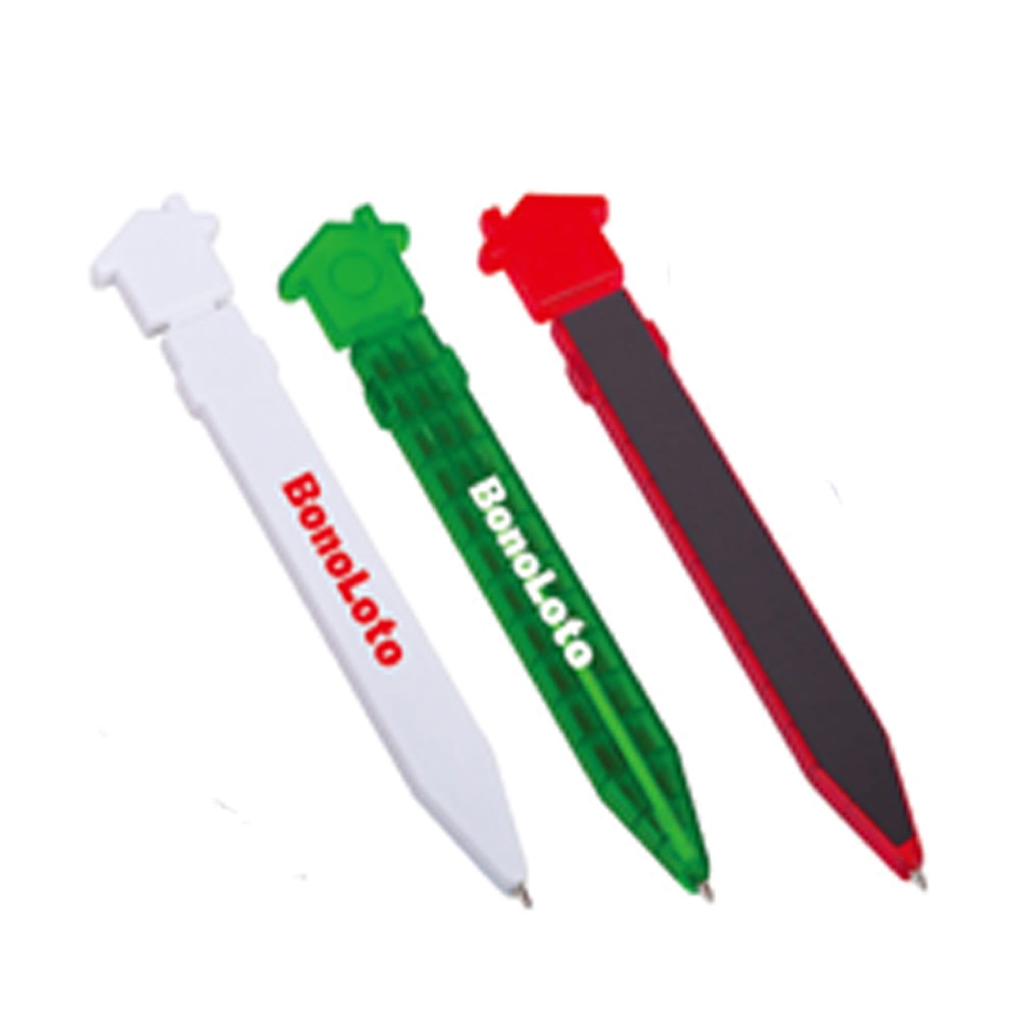 A set of three novelty pens in white, green, and red, featuring a house-shaped top. Each pen has a logo. Tool Set - Image 1