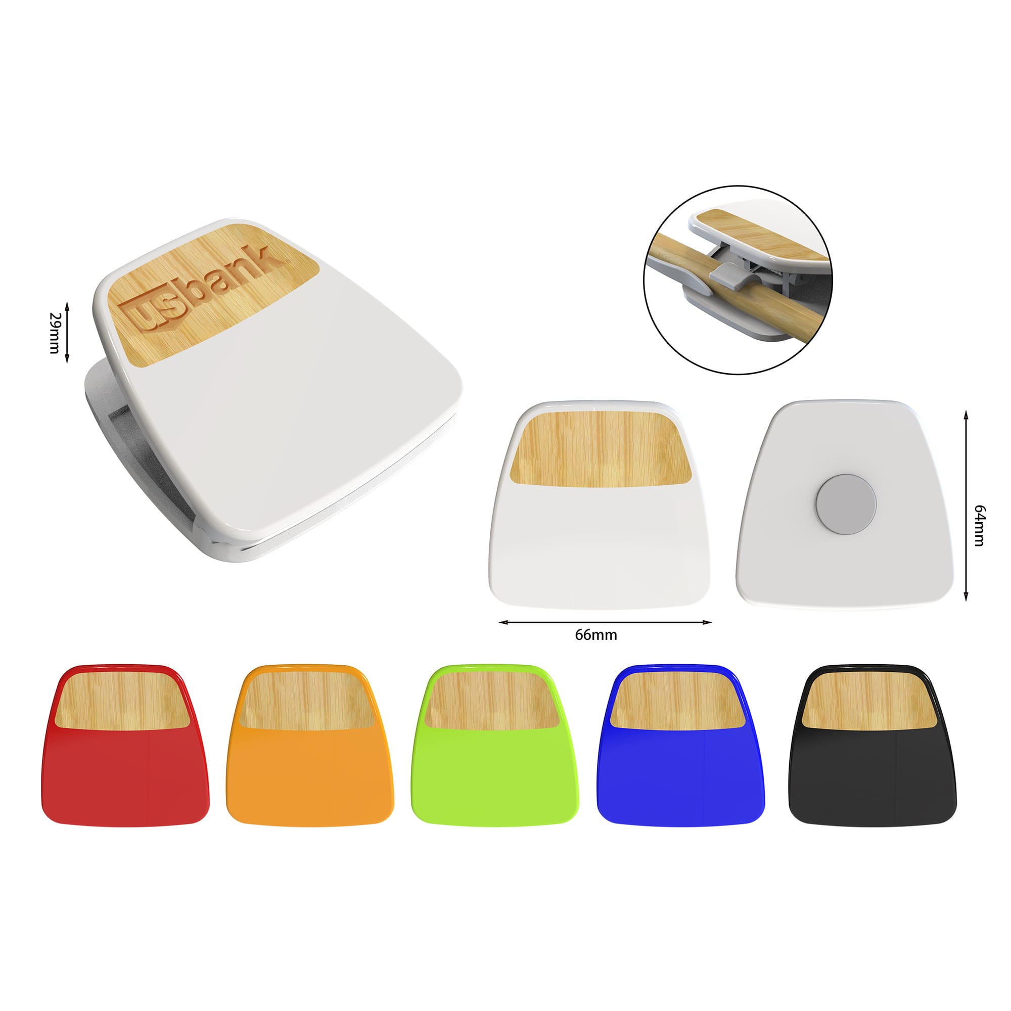 A keyring product in various colours including white, orange, green, blue, black, and red, featuring a bamboo accent and a logo. Clip with Bamboo - Image 1
