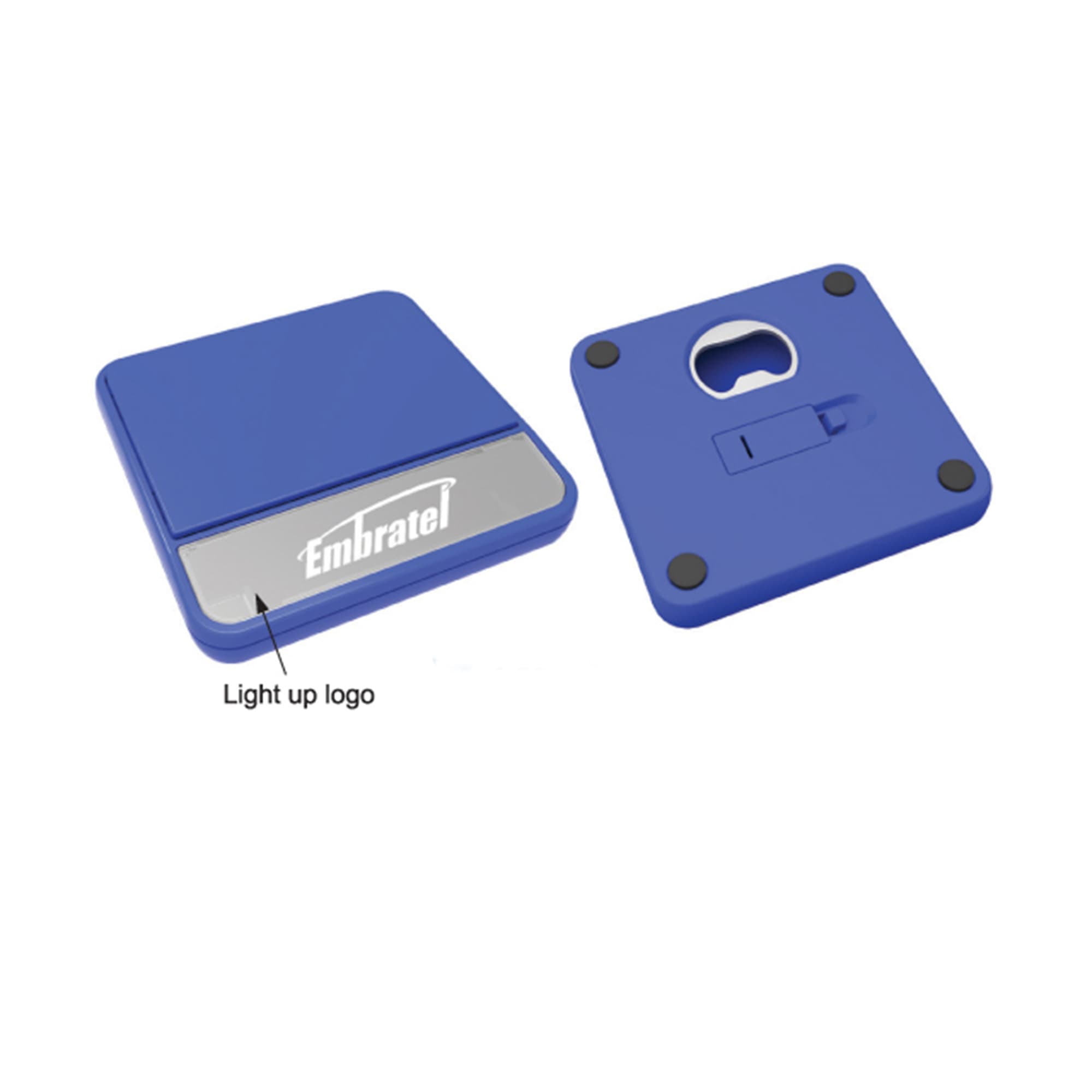A drink bottle coaster in blue with a built-in bottle opener and a light-up logo on its surface. Coaster With Bottle Opener And Light - Image 1