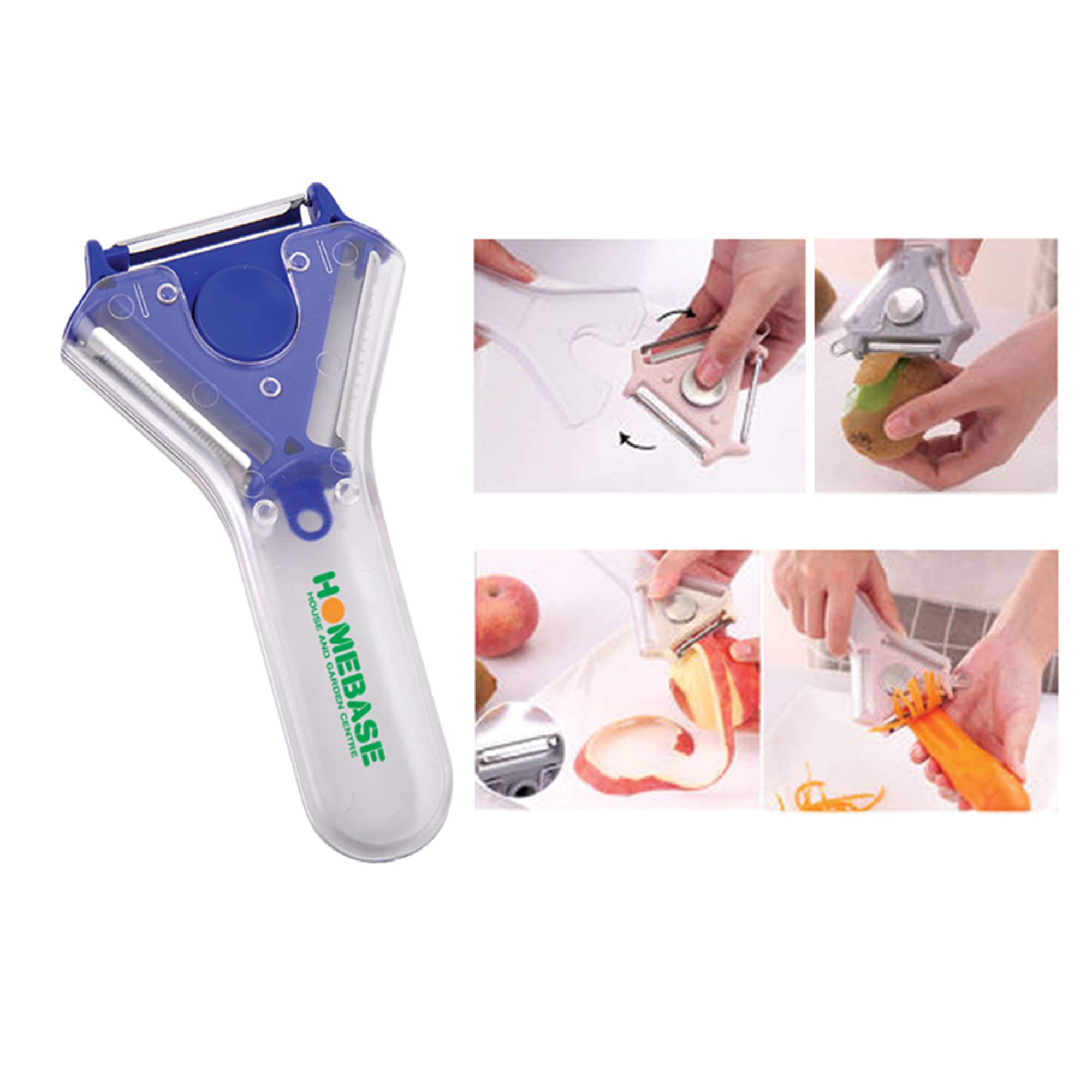 A blue and transparent vegetable peeler with a logo, accompanied by images demonstrating its use on various fruits and vegetables. Peeler - Image 1