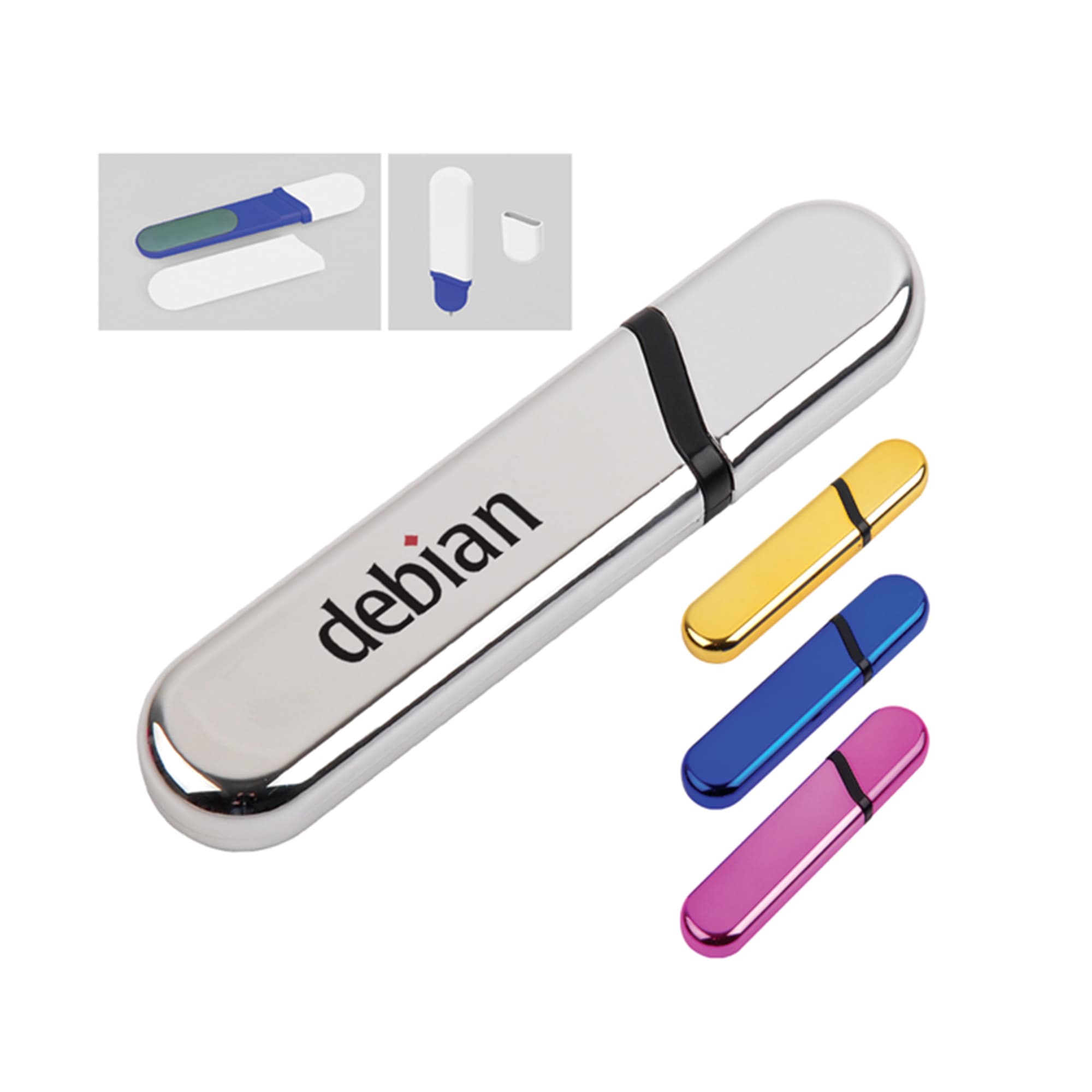 A metallic nail file set featuring a silver case and coloured files in blue, gold, pink, and green. The product also has a logo. Nail File – UV Outside - Image 1