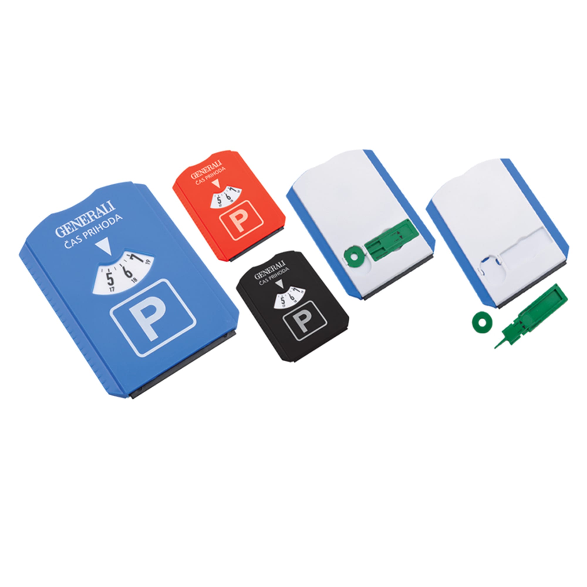 A set of ice scrapers in blue, red, and black, featuring a logo and various designs, organised together. Disc Parking Ice Scraper - Image 1