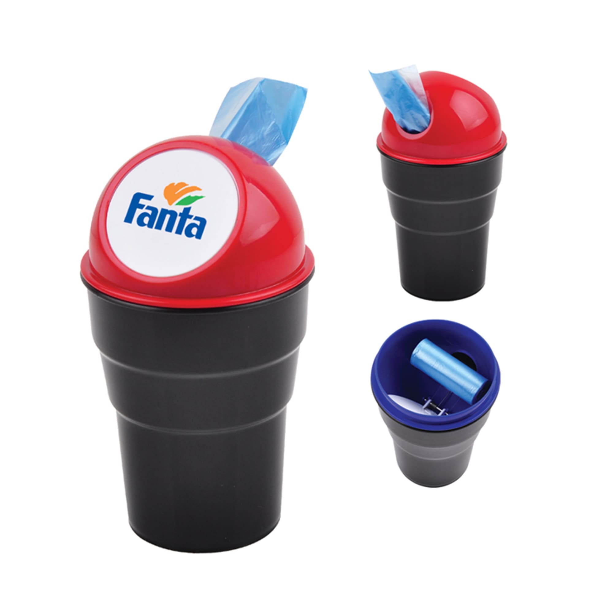 A black trash bin with a red lid featuring a logo, holding blue waste bags. Trash Bin - Image 1