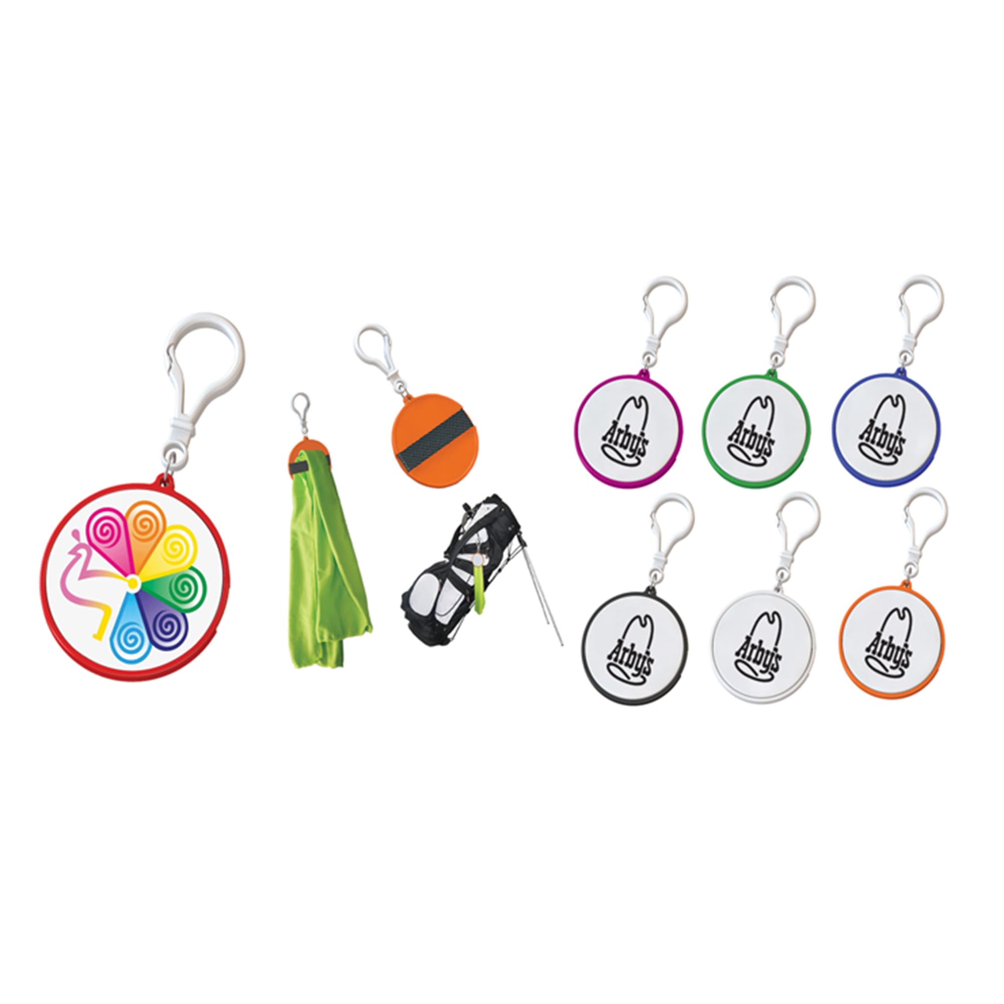 A selection of colourful keychains with clips, including assorted designs and a green bag holder. Towel Holder - Image 1