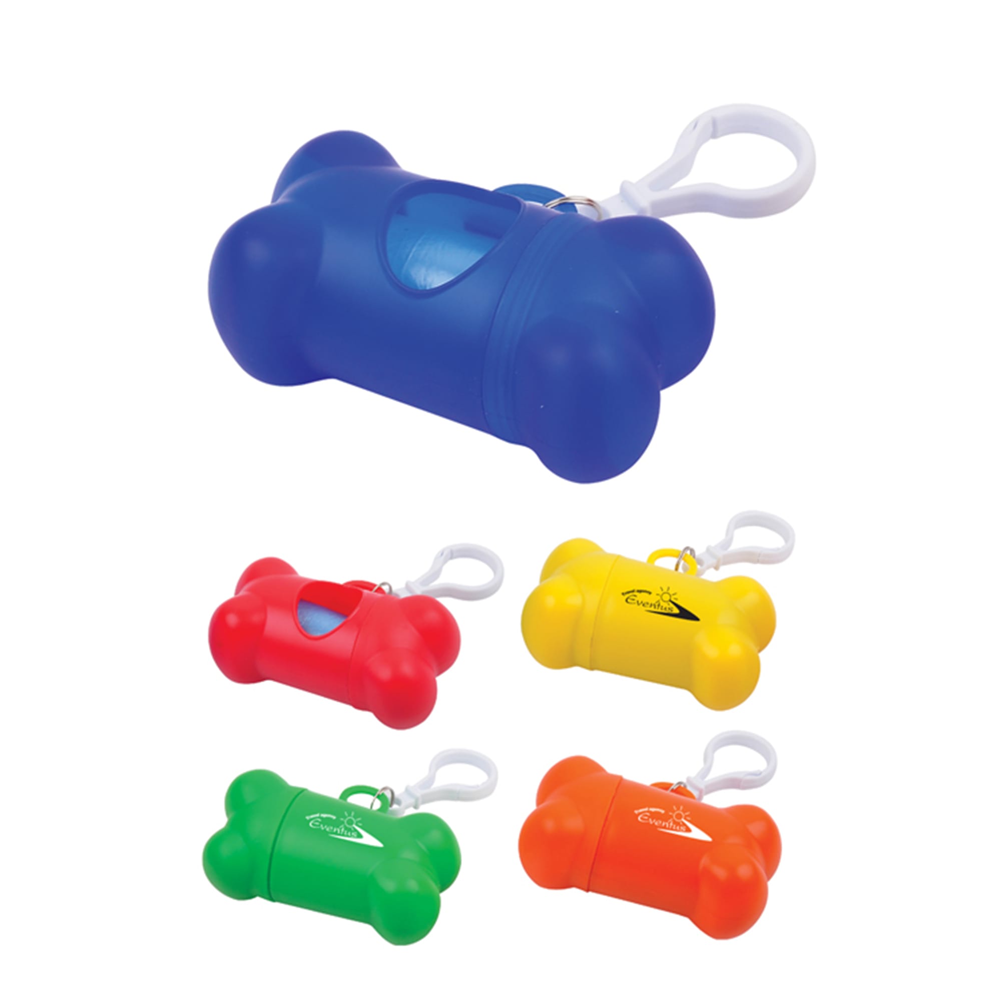 A colourful assortment of bone-shaped waste bag dispensers in blue, red, green, orange, and yellow, featuring a clip. Garbage Bag - Image 1