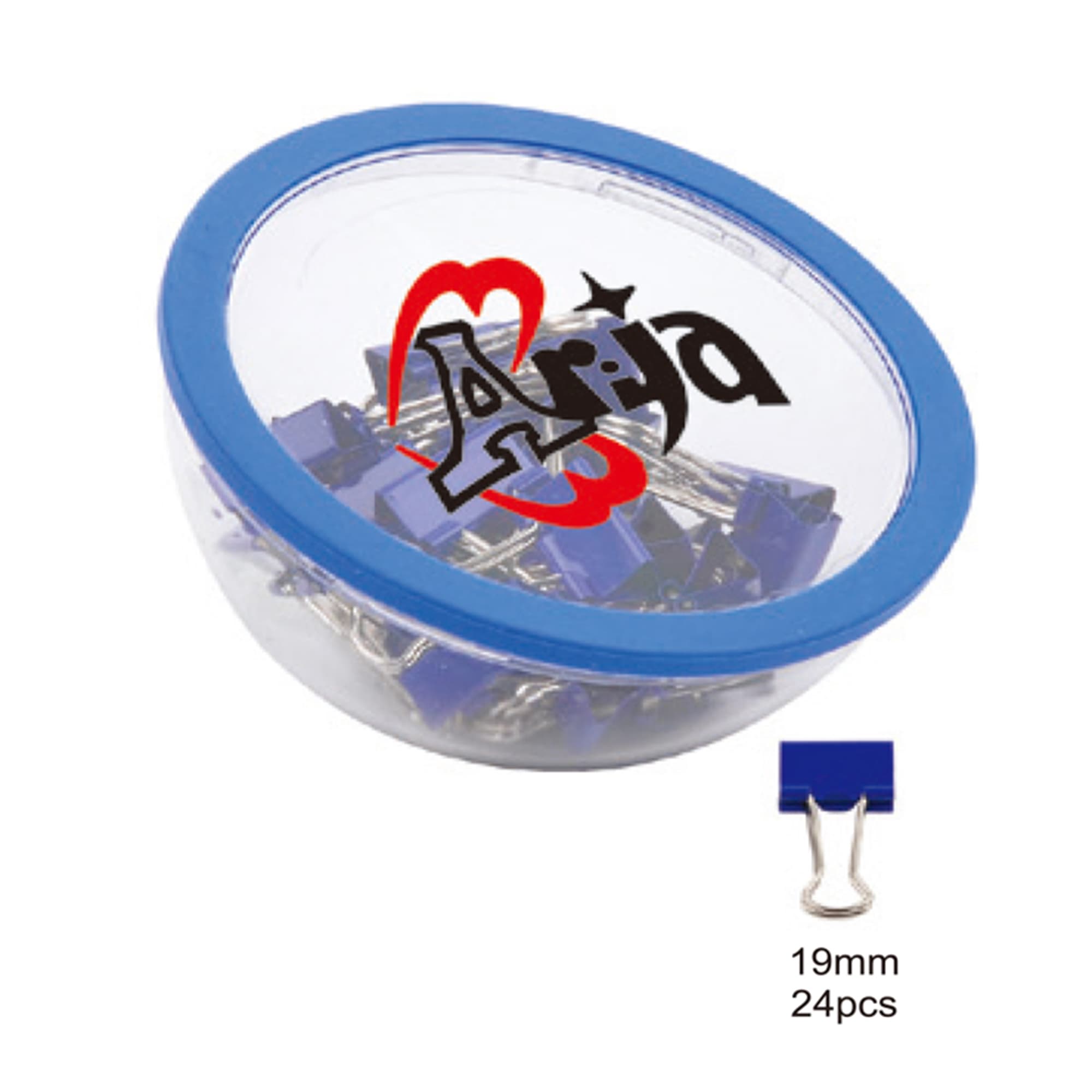 A clear container with a blue lid filled with blue binder clips, featuring a logo on the side. Clips Container Mobile Phone Stand - Image 1