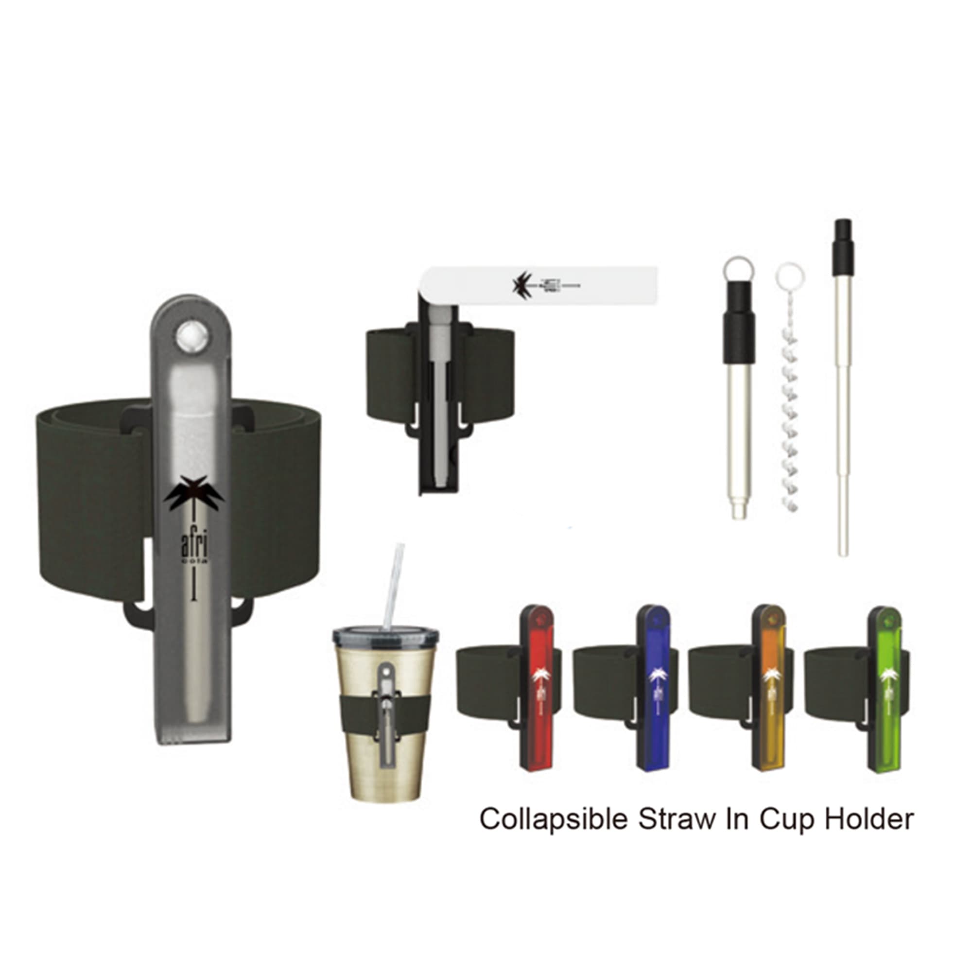 A collapsible straw set in various colours with a cup holder, including a reusable straw and cleaning tool. Straw Set - Image 1