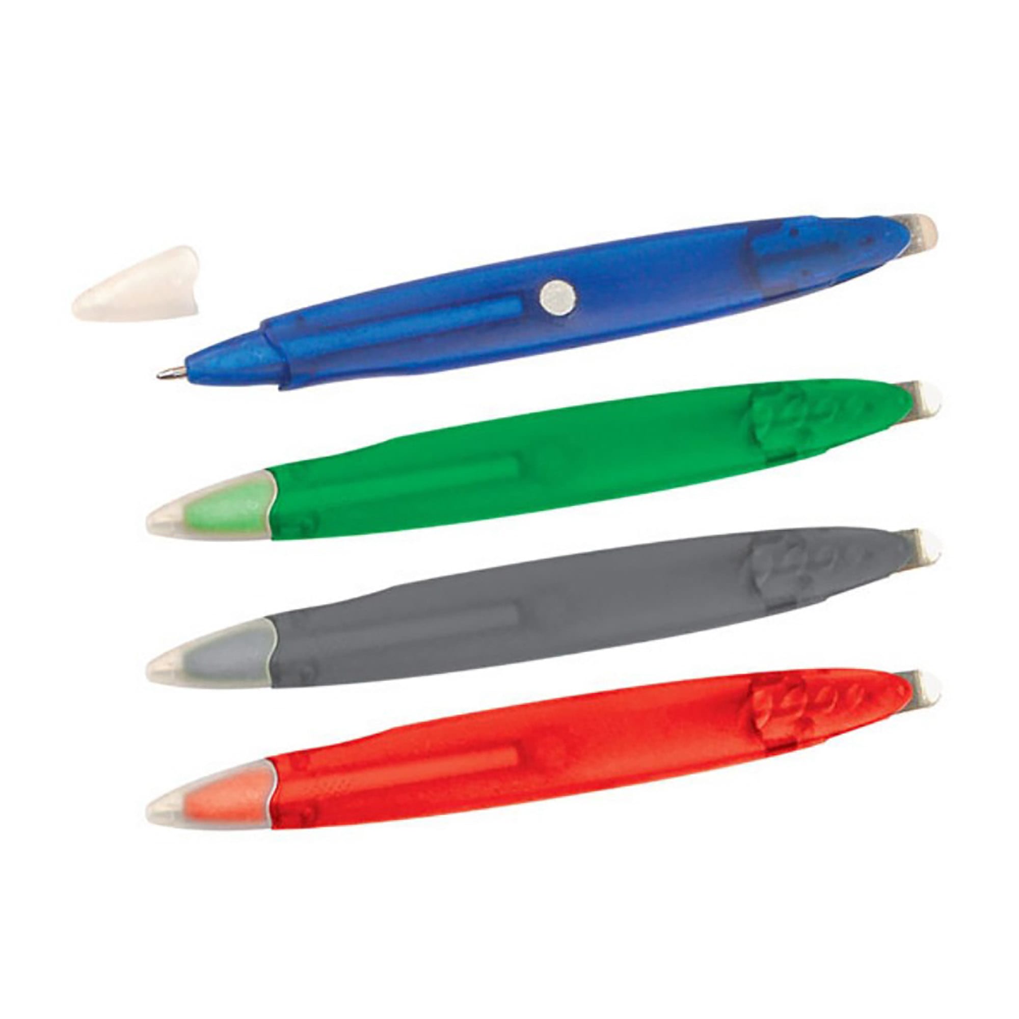 A staple remover and ball pen set in blue, green, grey, and red, featuring a logo on the pens. Staple Remover and Ball Pen - Image 1