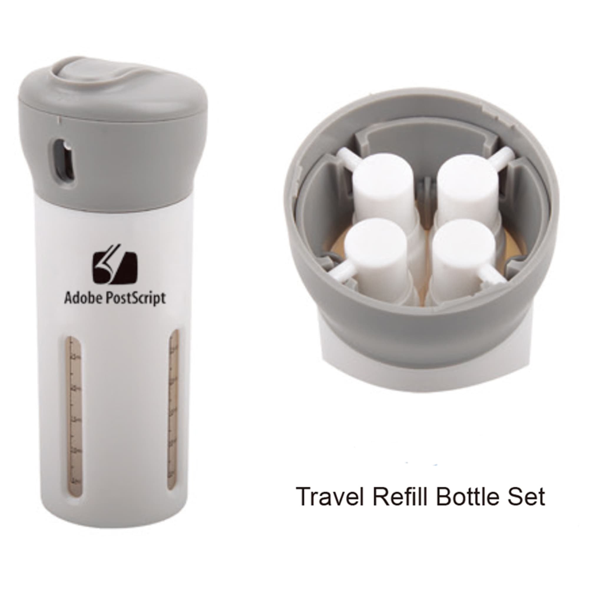A drink bottle in white and grey, featuring a built-in compartment with four smaller refill bottles and a logo. Travel Bottle - Image 1