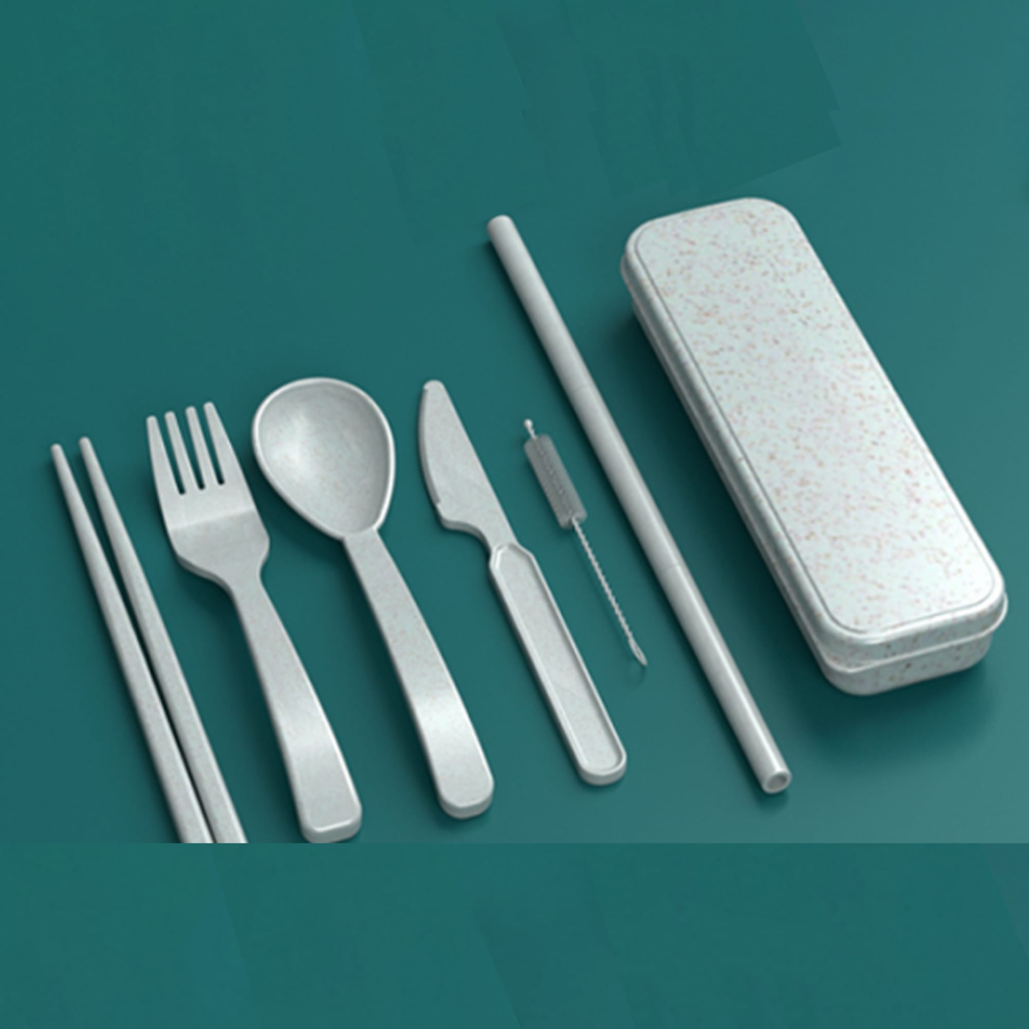 A cutlery set featuring a fork, spoon, knife, chopsticks, straw, cleaning brush, and a textured storage case. Cutlery Set - Image 1