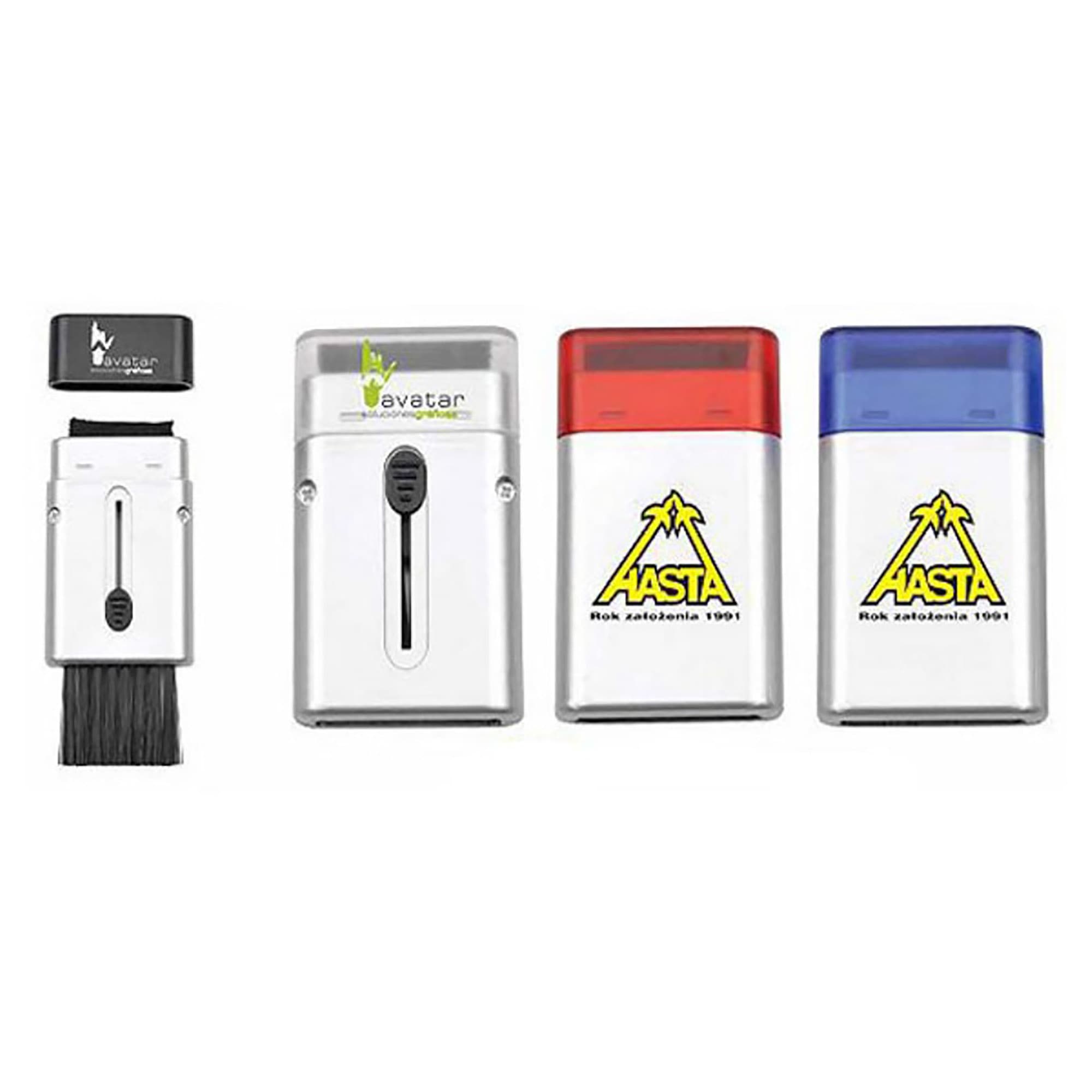 A collection of three metal computer brushes in silver, featuring a black, red, and blue top. Each has a logo. Computer Brush - Image 1